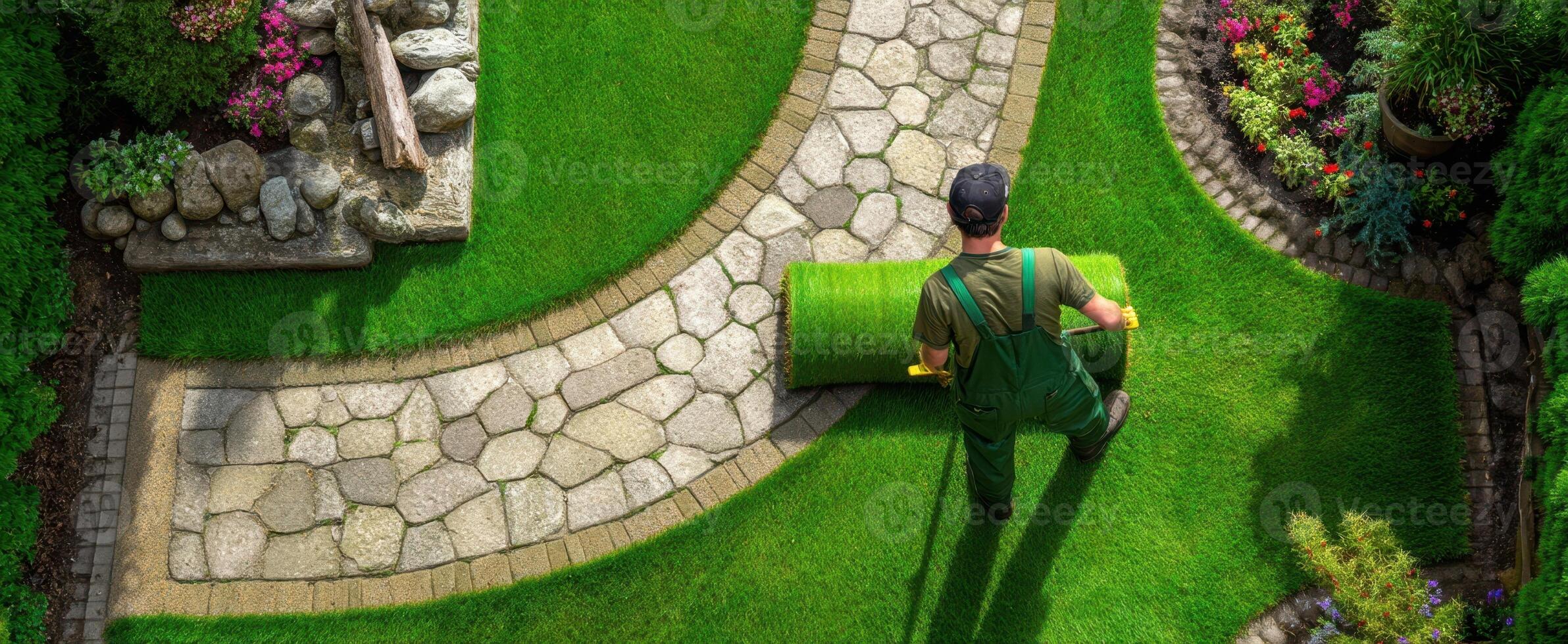 The gardener rolls out fresh turf on a beautifully landscaped pathway. photo