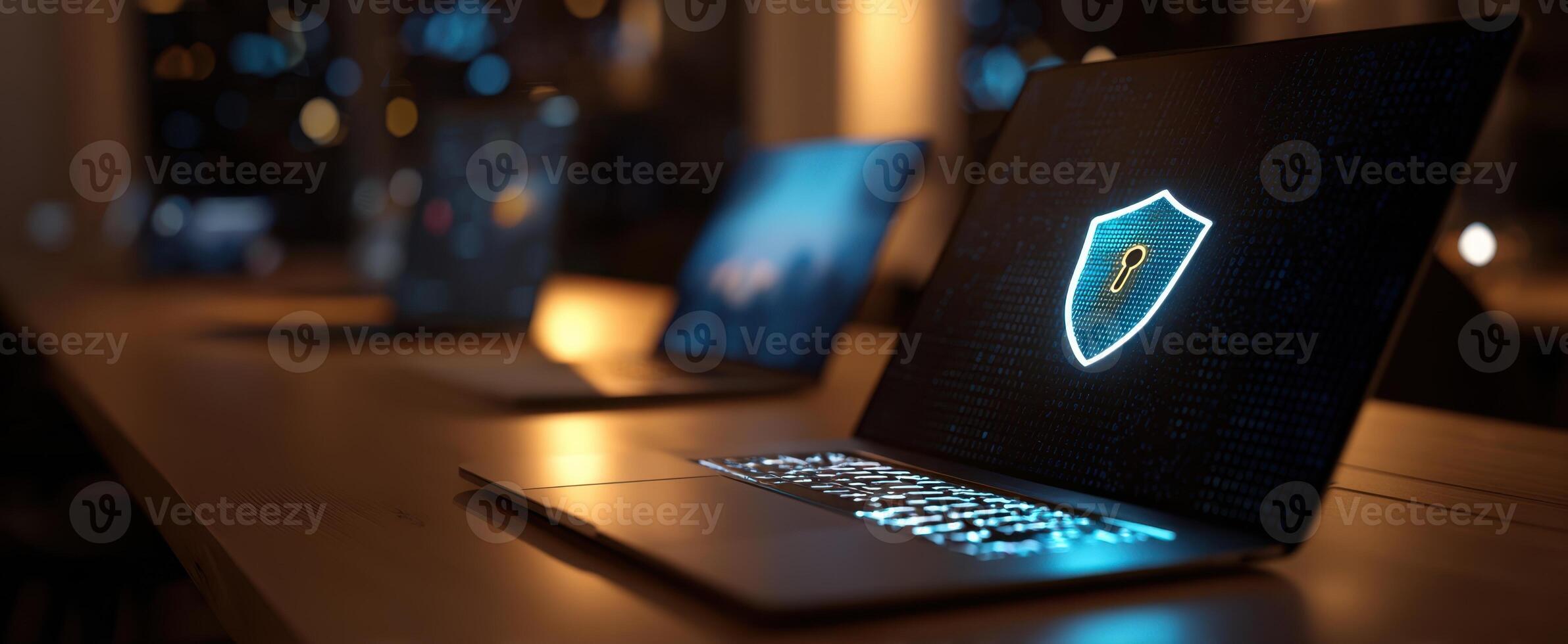 The laptop showcasing digital security features in a modern workspace environment. photo