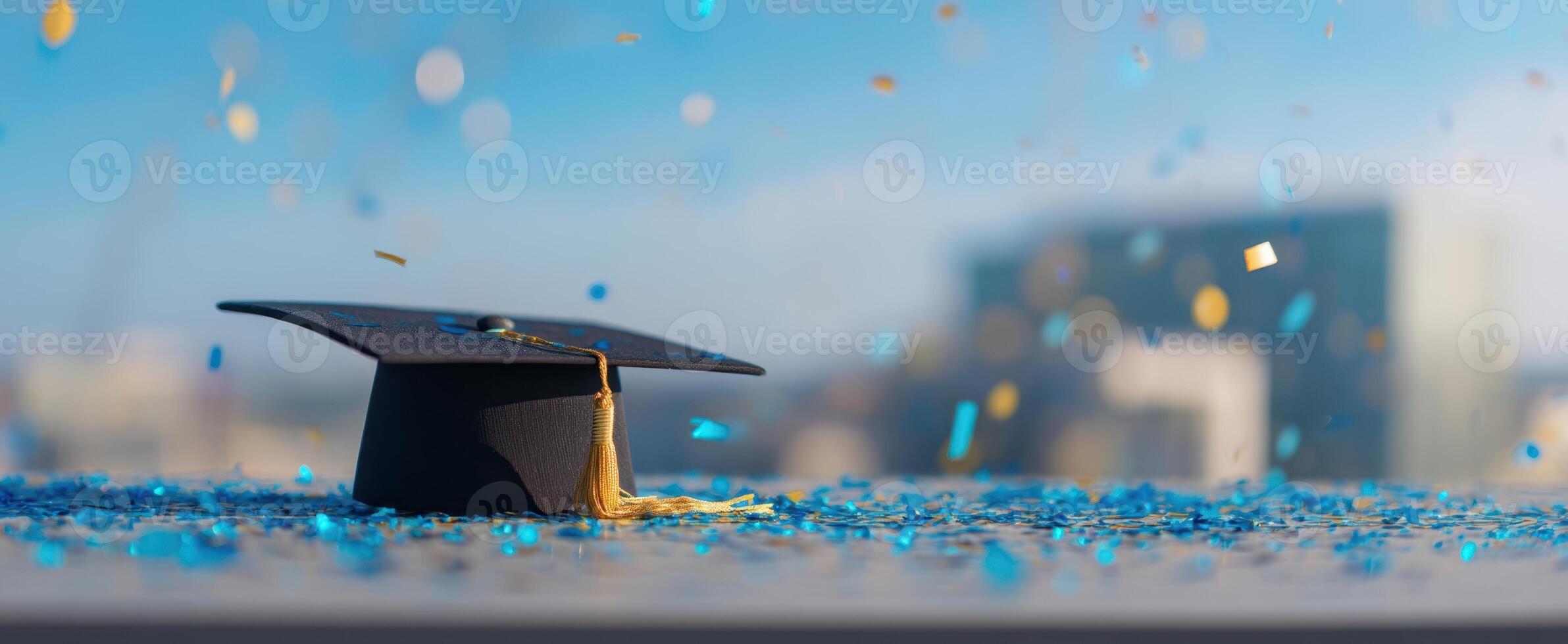 The graduation cap surrounded by confetti celebrating academic achievement and success. photo