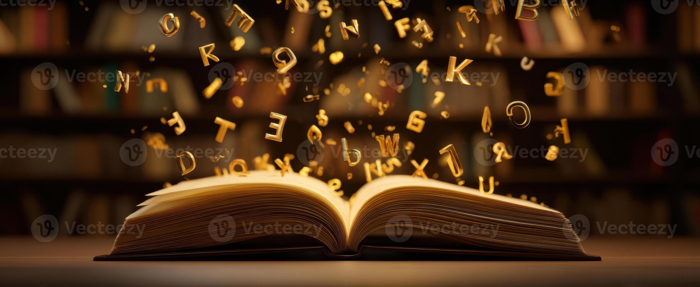 The book with flying letters creating a whimsical aura of knowledge. photo