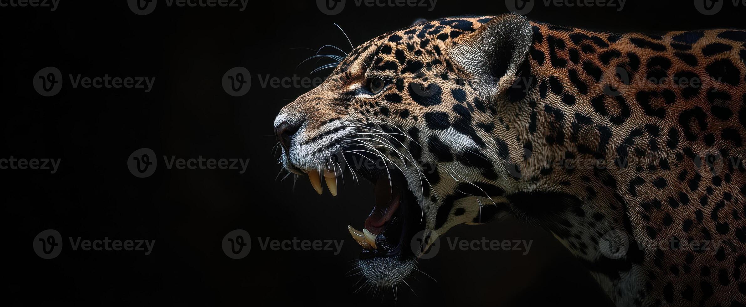 The jaguar roaring in the dark jungle with fierce expression. photo