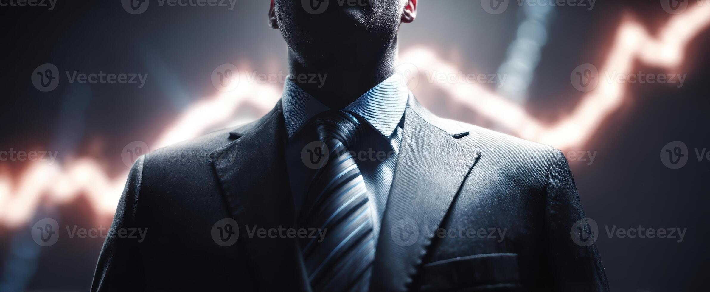 The businessman stands confidently with a rising graph in the background. photo