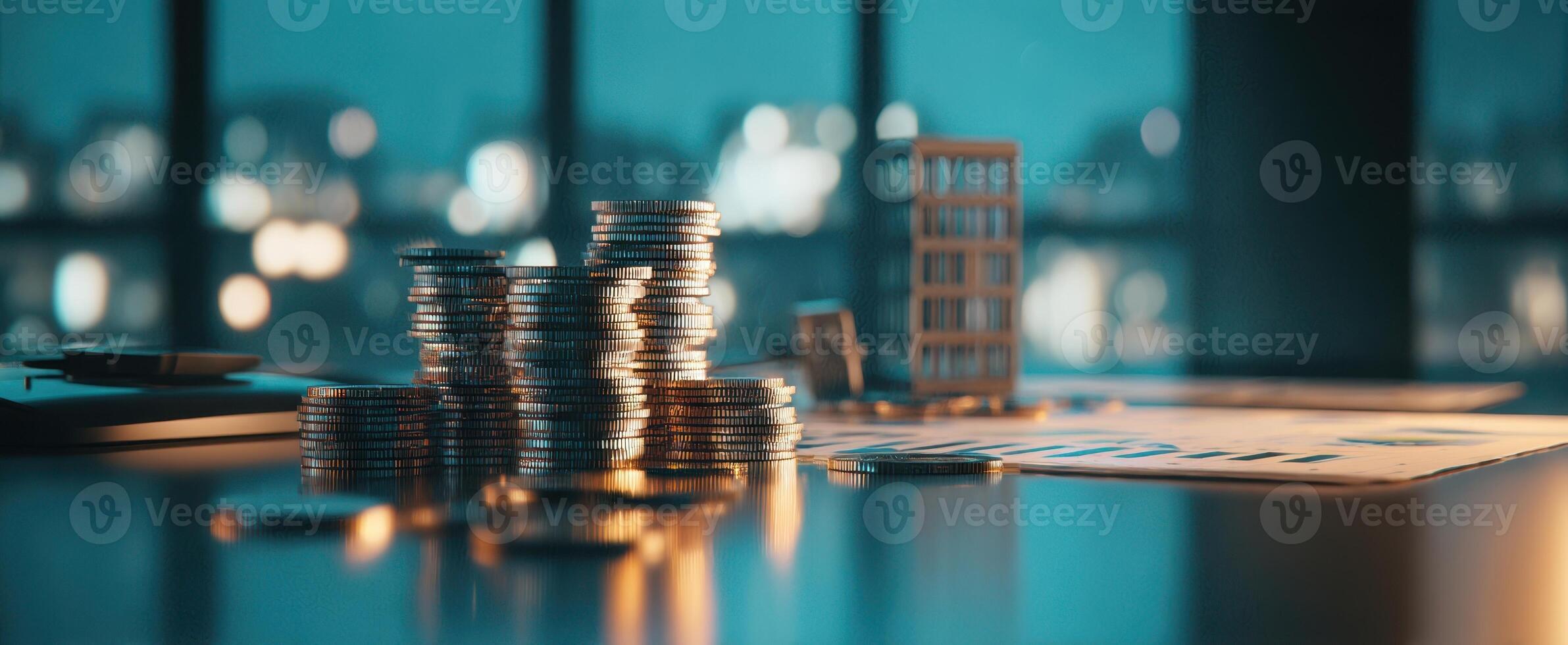 The Coins Stacked Neatly on a Desk in a Modern Office Setting photo