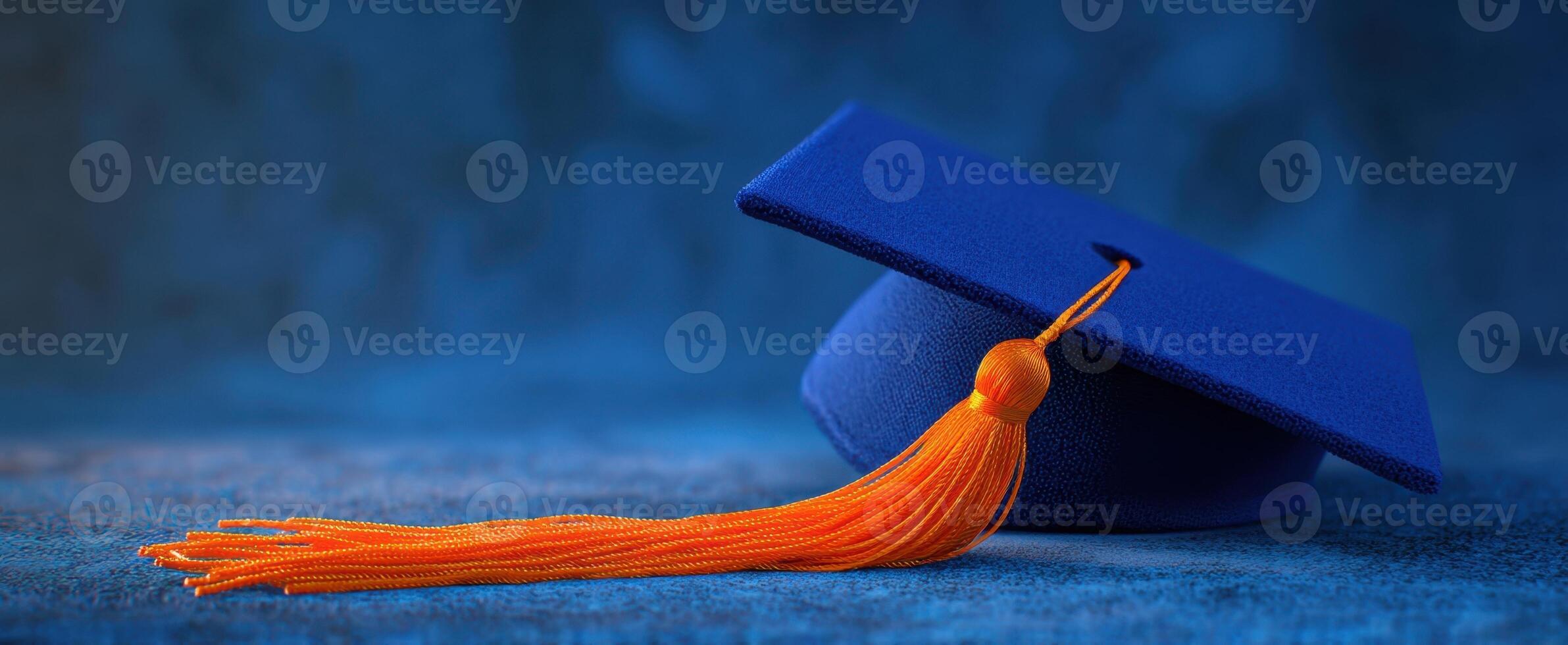 The graduation cap showcasing blue color and orange tassel on a textured background. photo