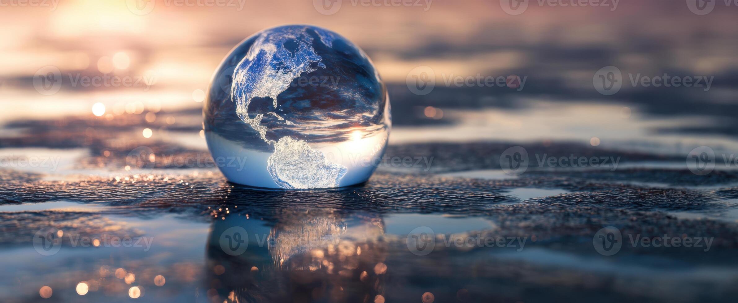 The crystal globe reflecting the beautiful earth over tranquil waters at sunset. photo