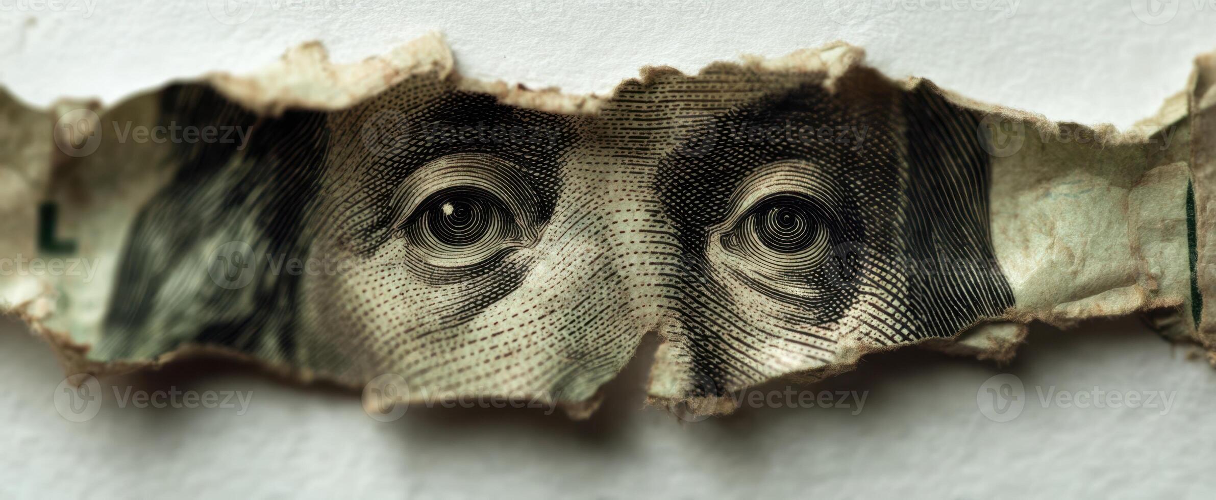 The close-up view of a torn dollar bill revealing Benjamin Franklin's eyes. photo