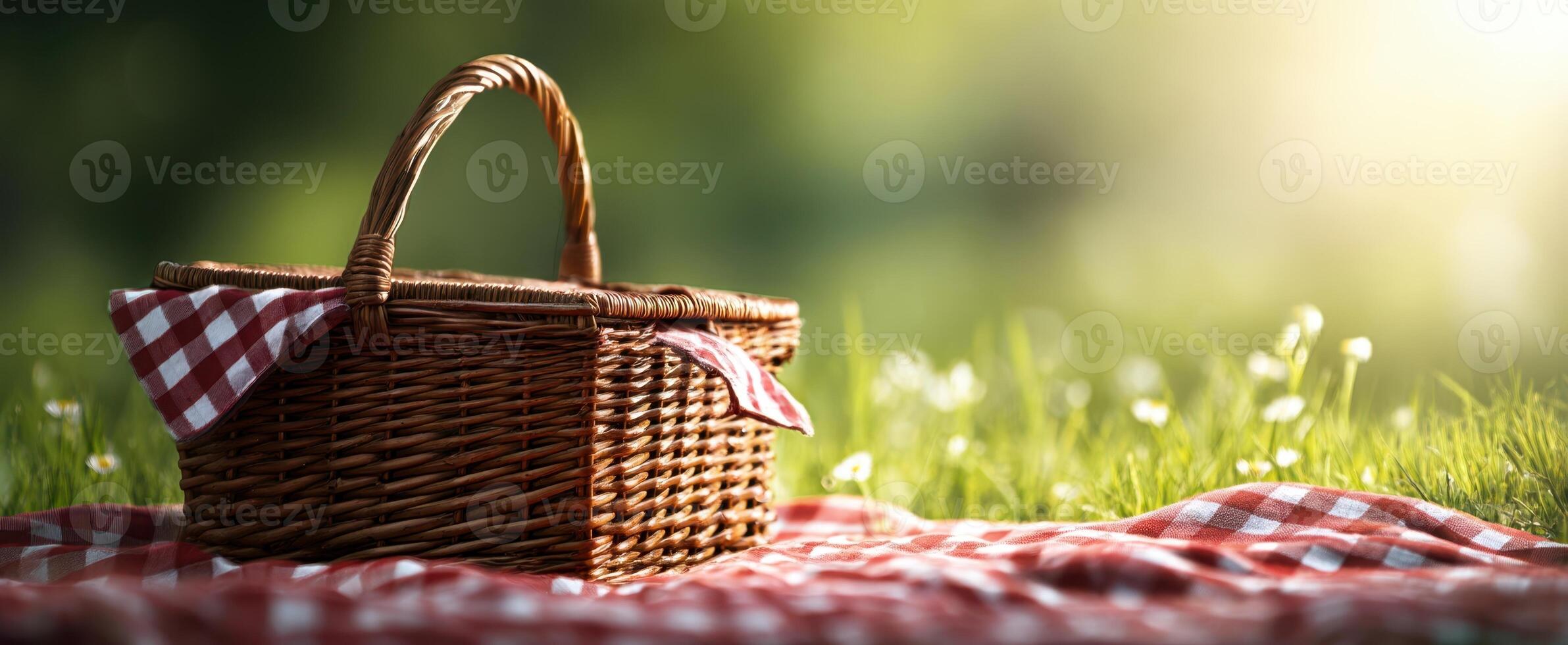 The rustic picnic basket on a sunny grassy blanket in a serene outdoor setting. photo
