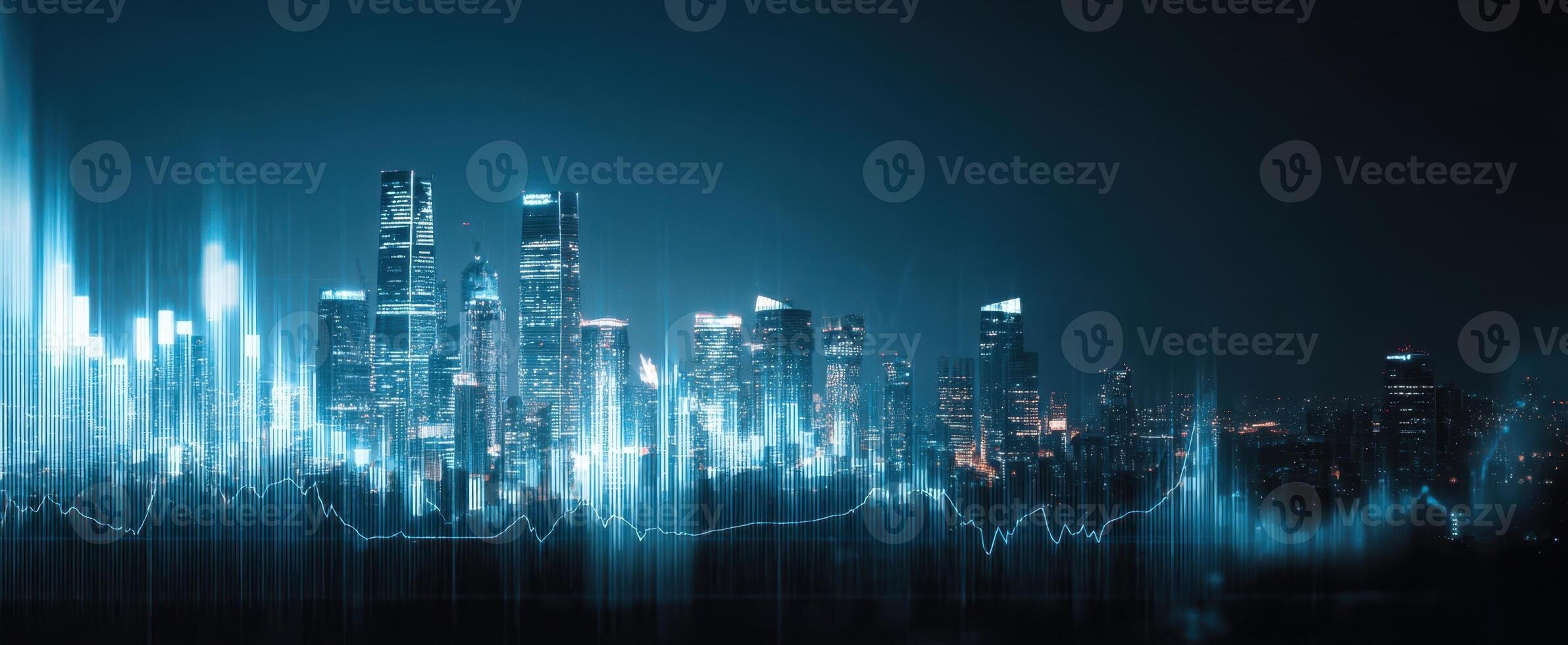 The skyline highlighting digital technology and modern architecture at night photo