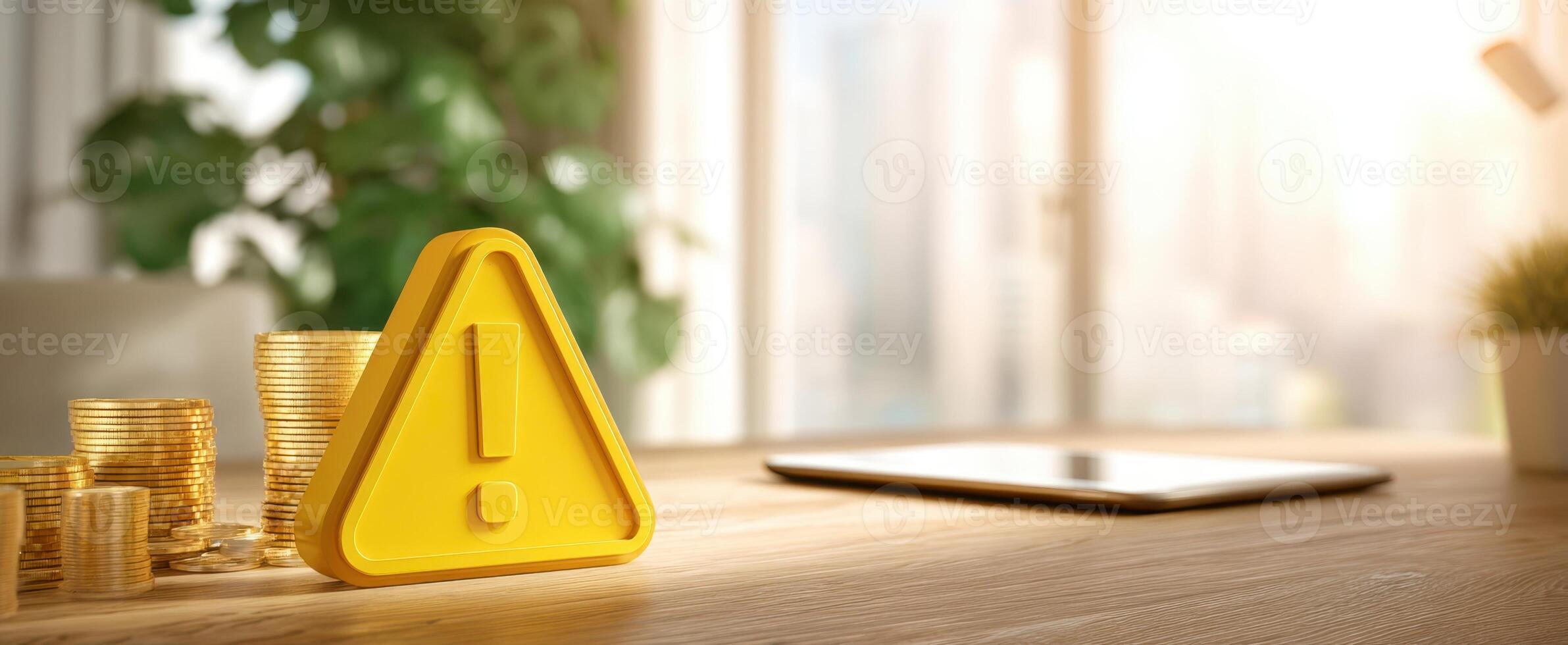 The yellow warning sign beside stacked coins on a modern workspace. photo
