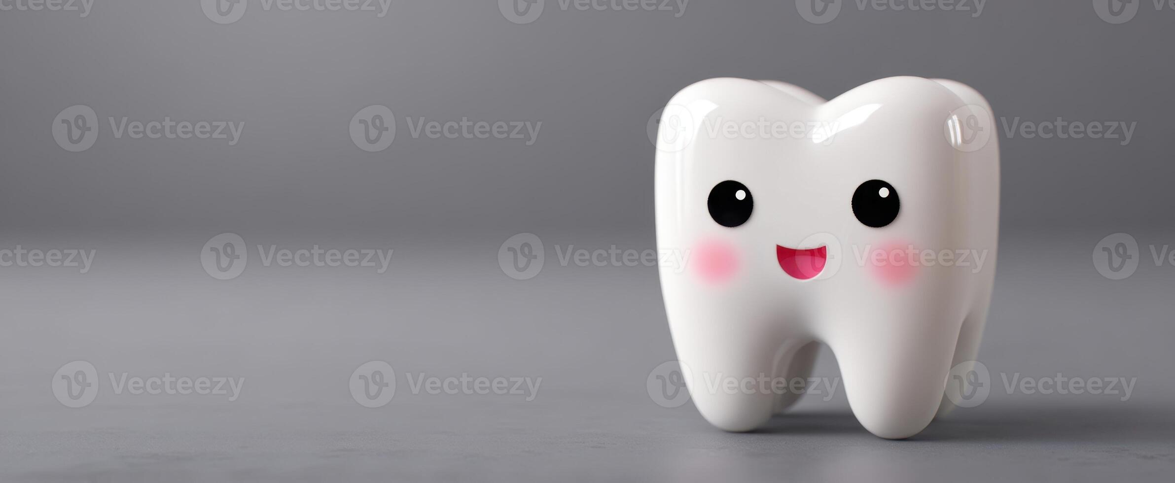The cute smiling cartoon tooth character on a modern gray backdrop. photo