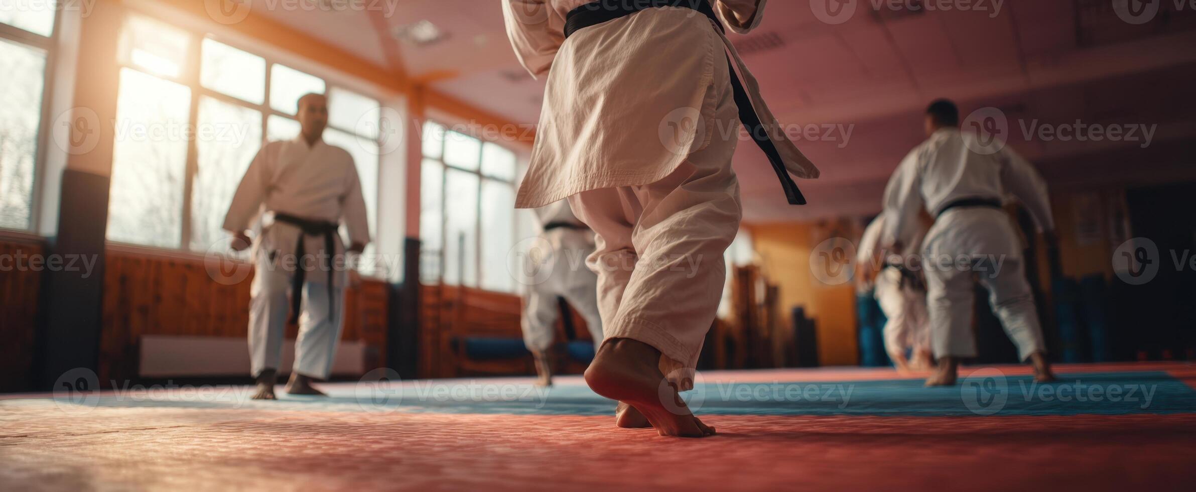 The dynamic footwork of karate practitioners training in a dojo setting. photo