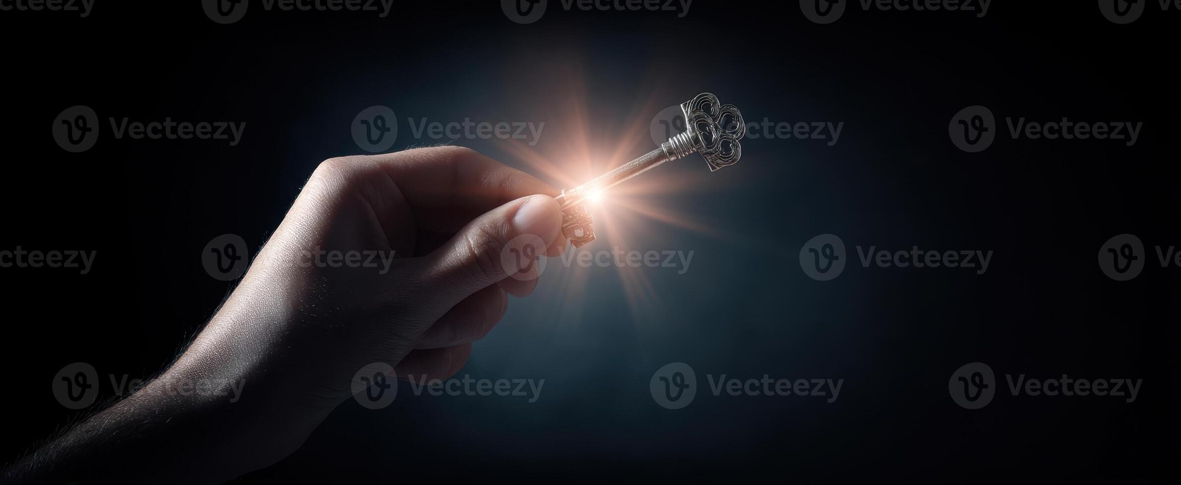The Hand Holding a Key Illuminated by a Bright Light in Darkness photo