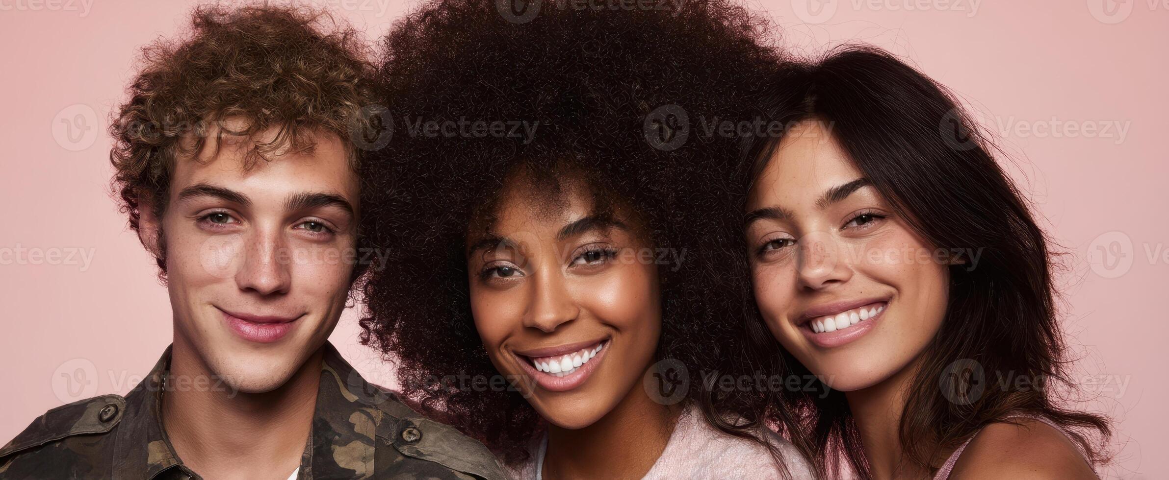 The diverse trio beams with joy and connection in a vibrant portrait. photo