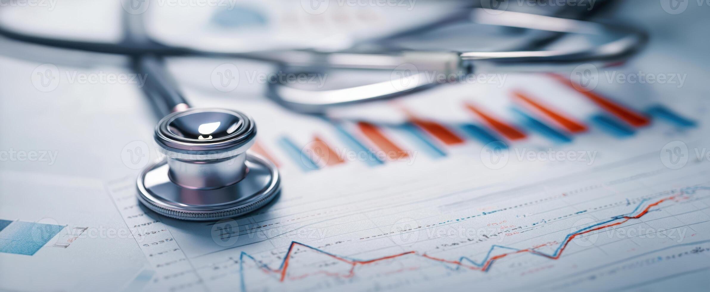 The stethoscope resting on statistical healthcare analysis documents and graphs. photo