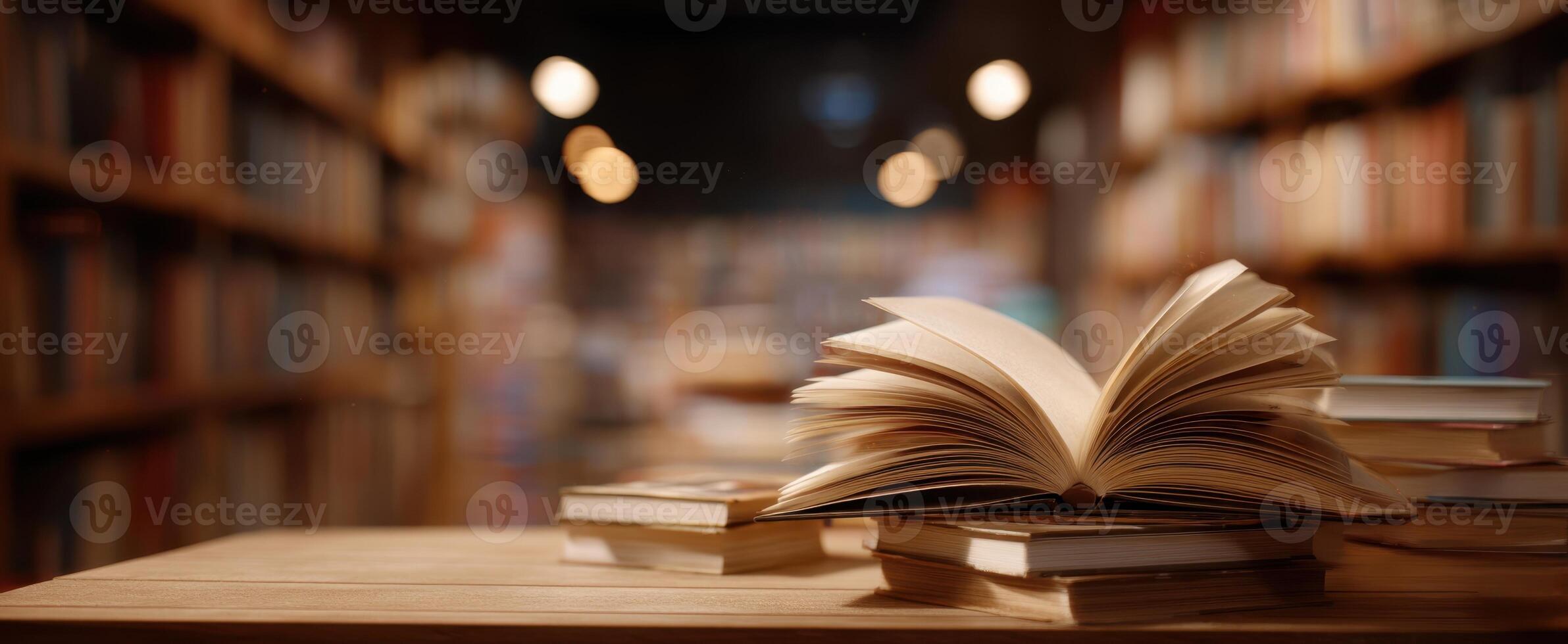 A stack of books on a table in front of a library photo