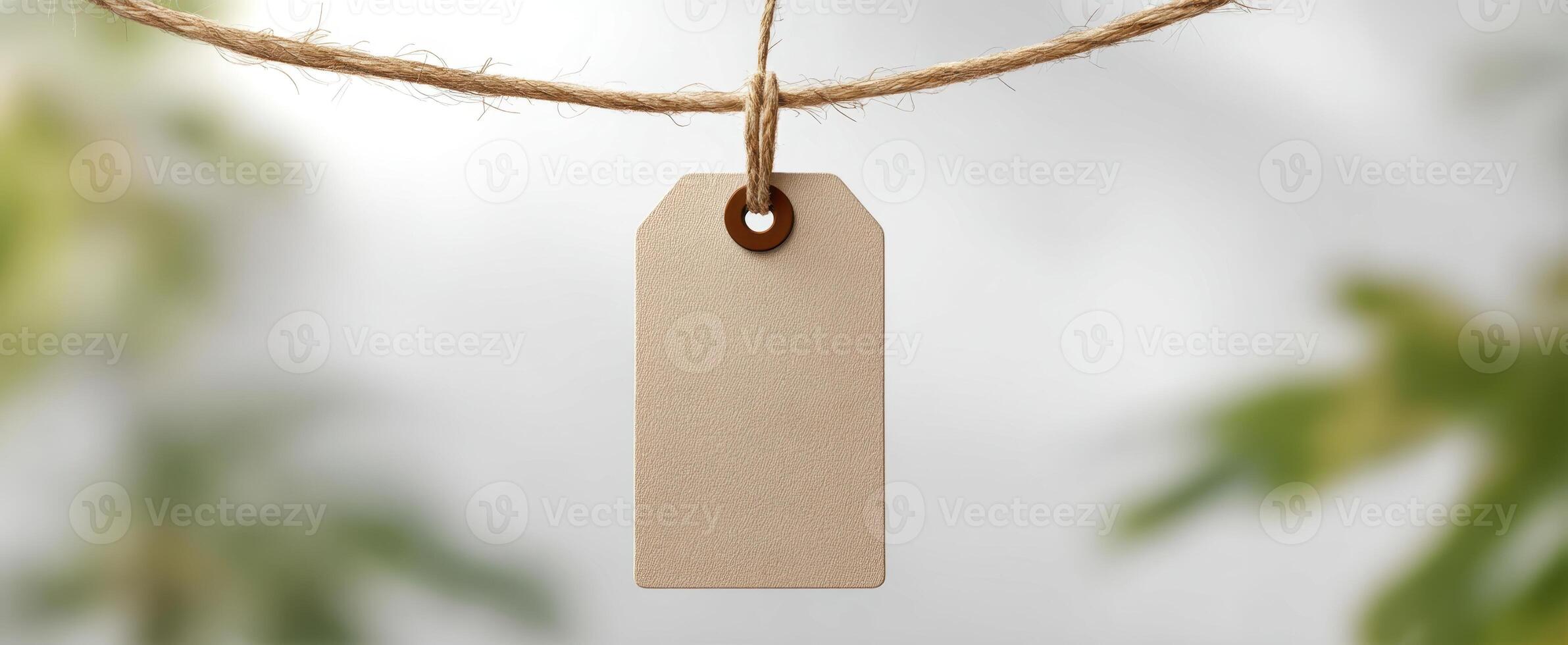 The blank tag hanging on a rope against a soft natural background. photo
