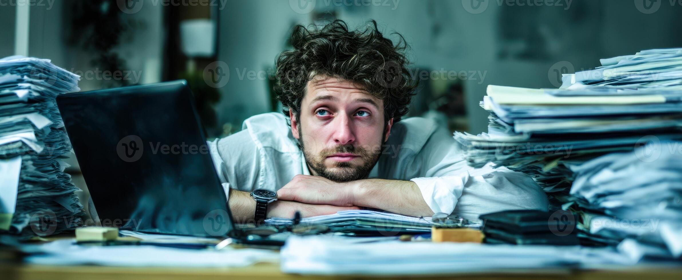 The Overwhelmed Office Worker Facing a Mountain of Papers and Stressful Deadlines photo