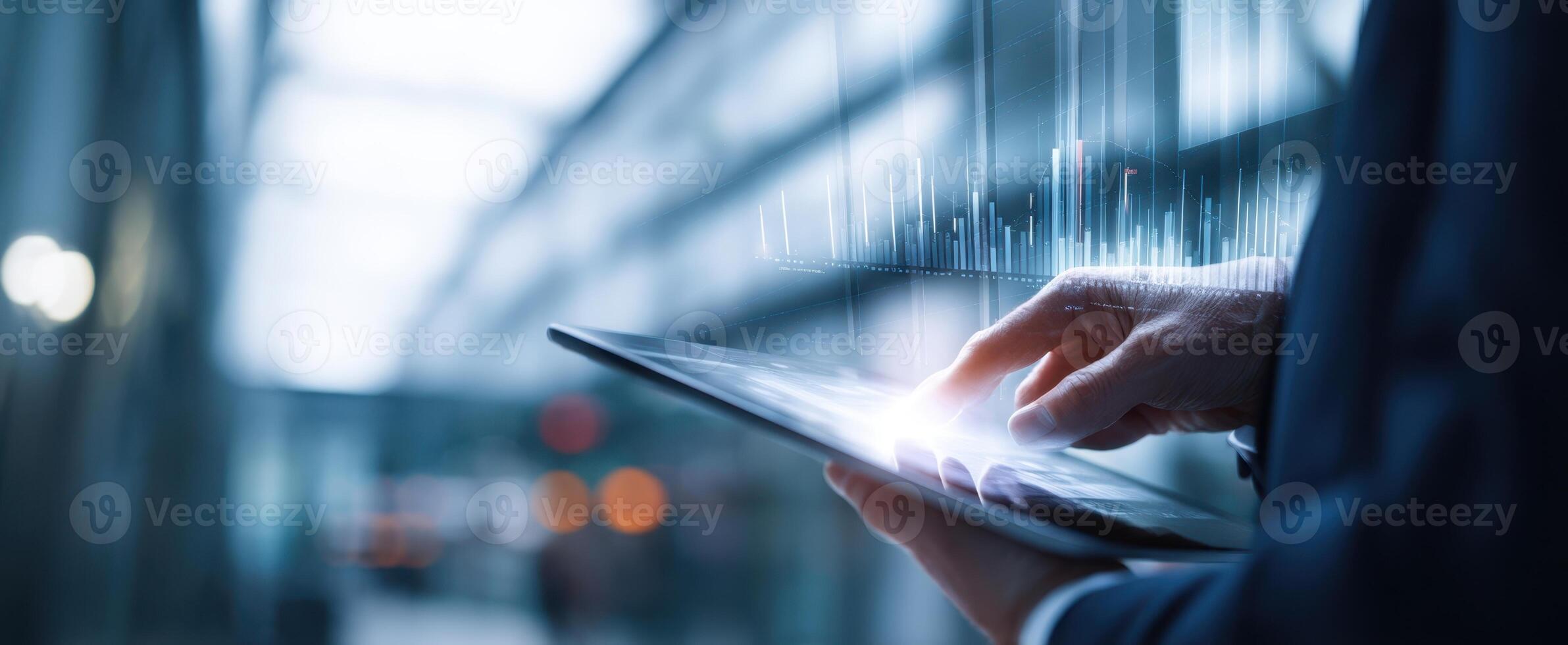 The tablet displaying dynamic financial data in a modern business environment. photo