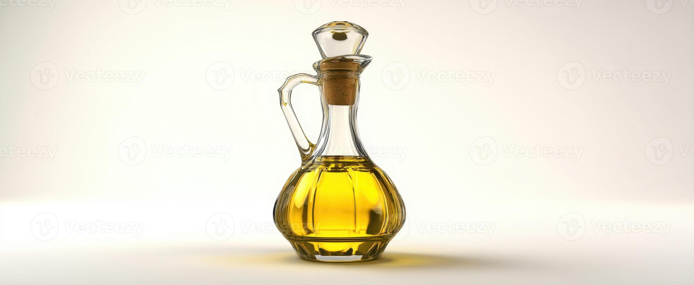 The elegant glass bottle filled with golden olive oil on a simple background. photo