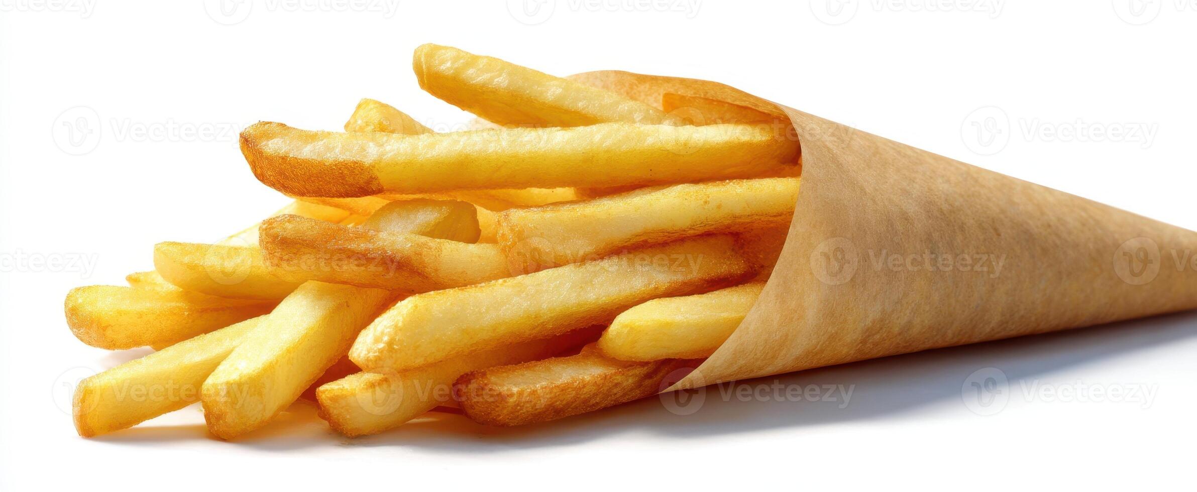 The delicious golden fries served in a paper cone. photo