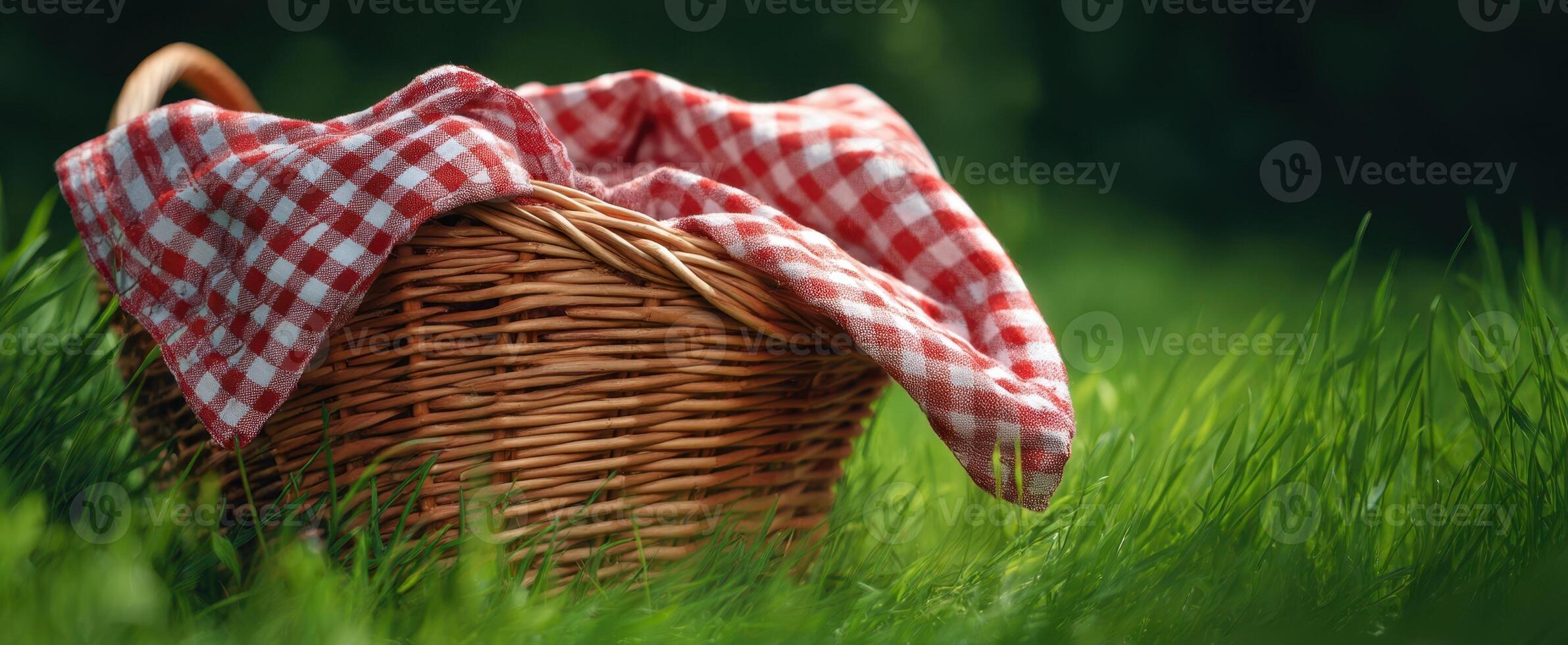 The charming picnic basket resting on lush green grass. photo