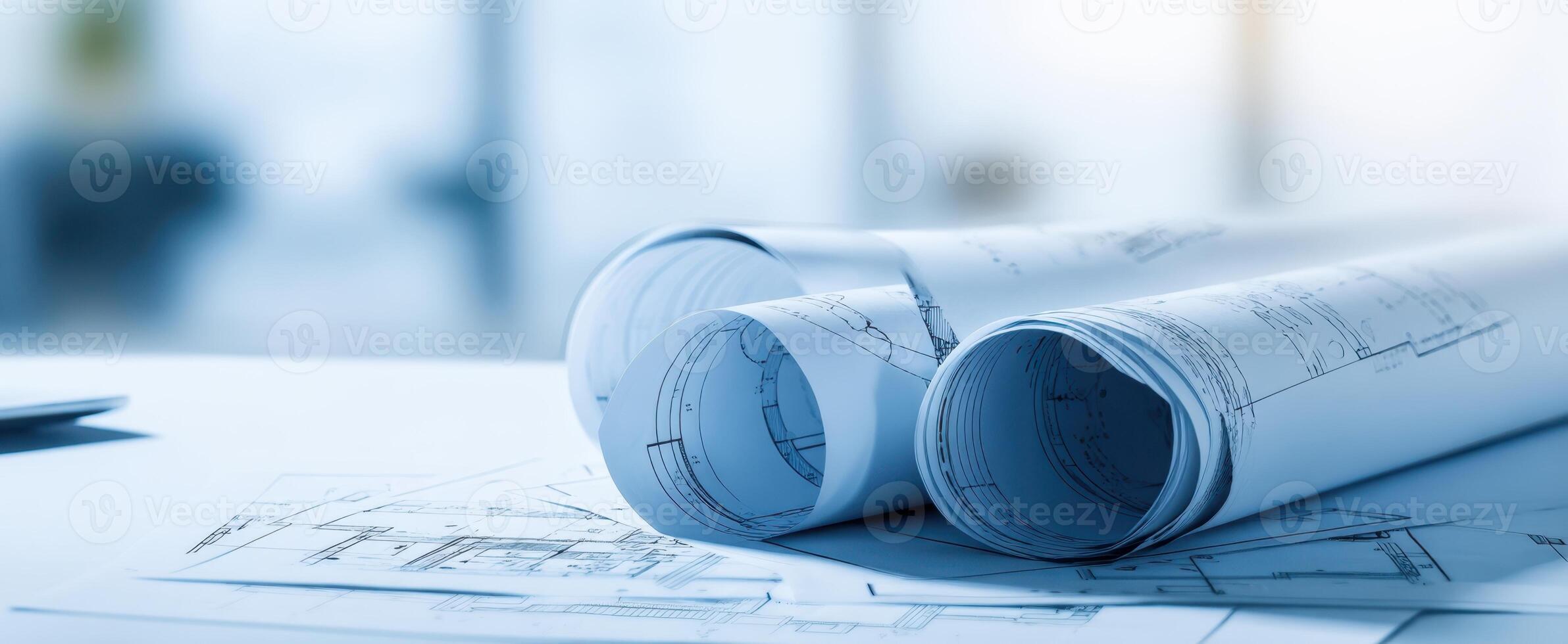 The rolled blueprints showcasing intricate designs for architectural projects. photo