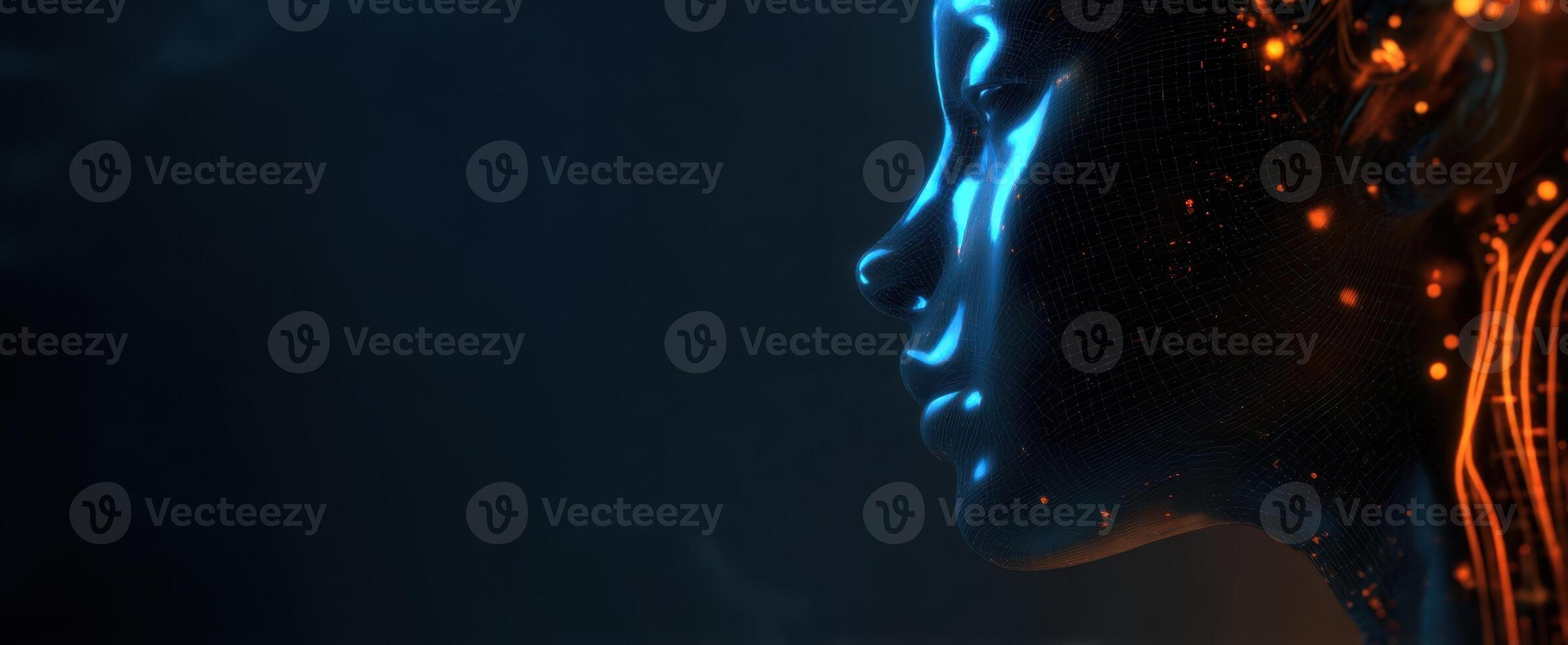 The futuristic profile of a glowing digital human face in neon colors. photo