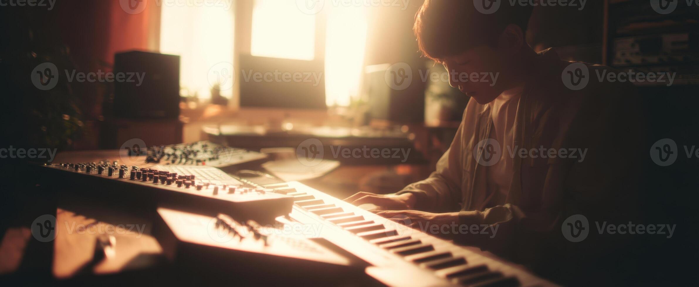 The musician creating melodies in a cozy home studio setting. photo