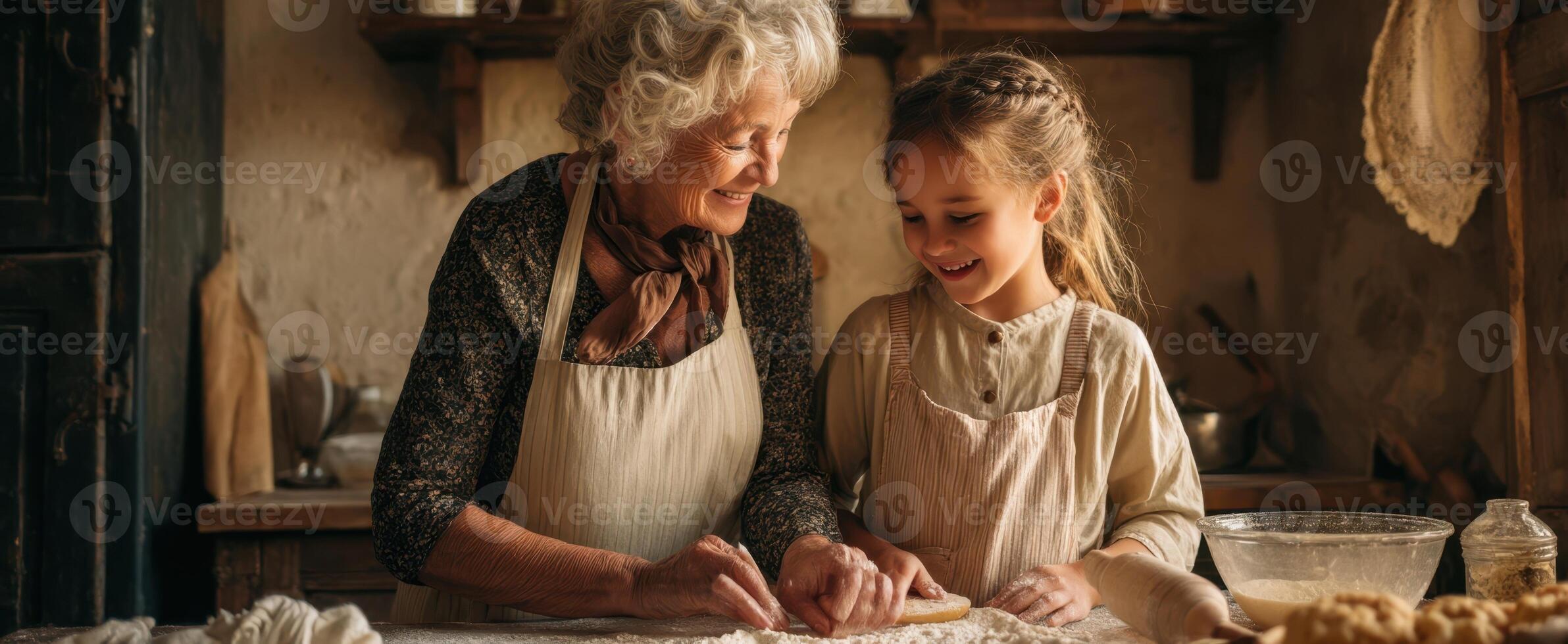 The Heartwarming Moment of Grandmother and Granddaughter Baking Together photo