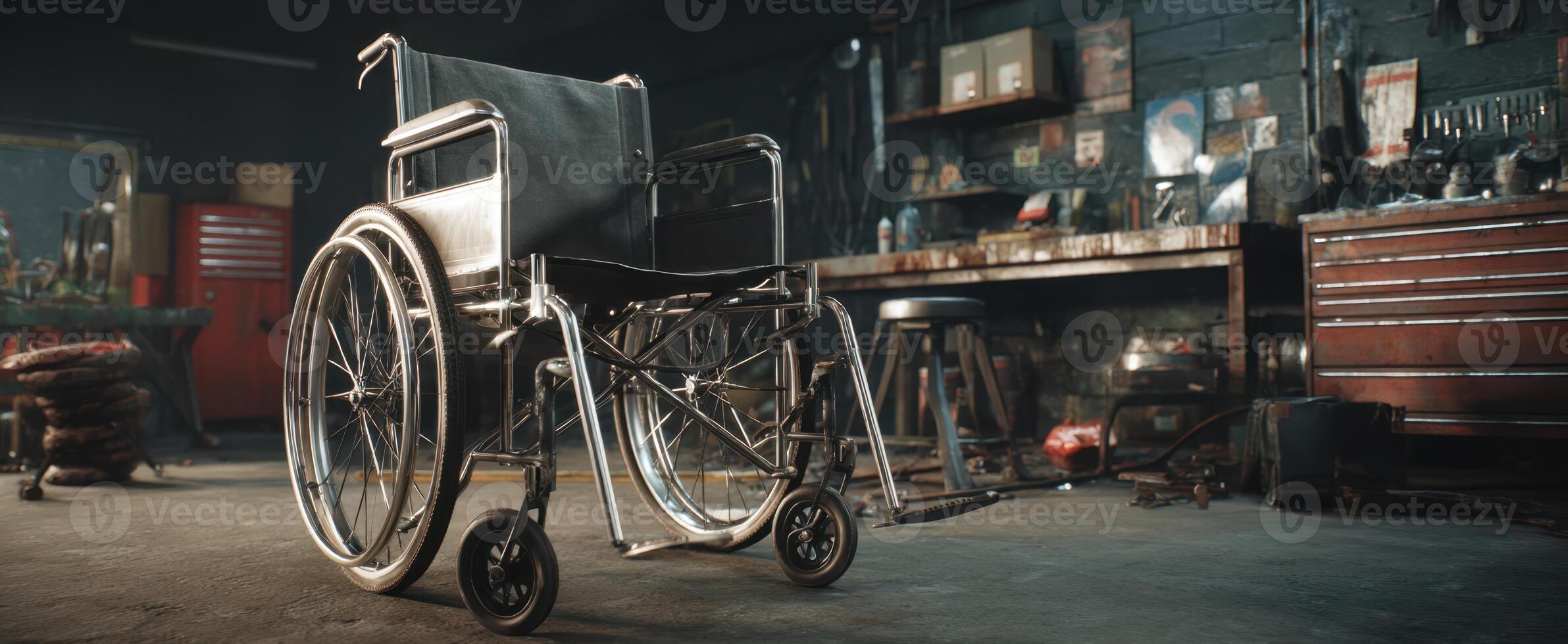 The wheelchair in a dimly lit workshop setting, symbolizing strength and resilience. photo