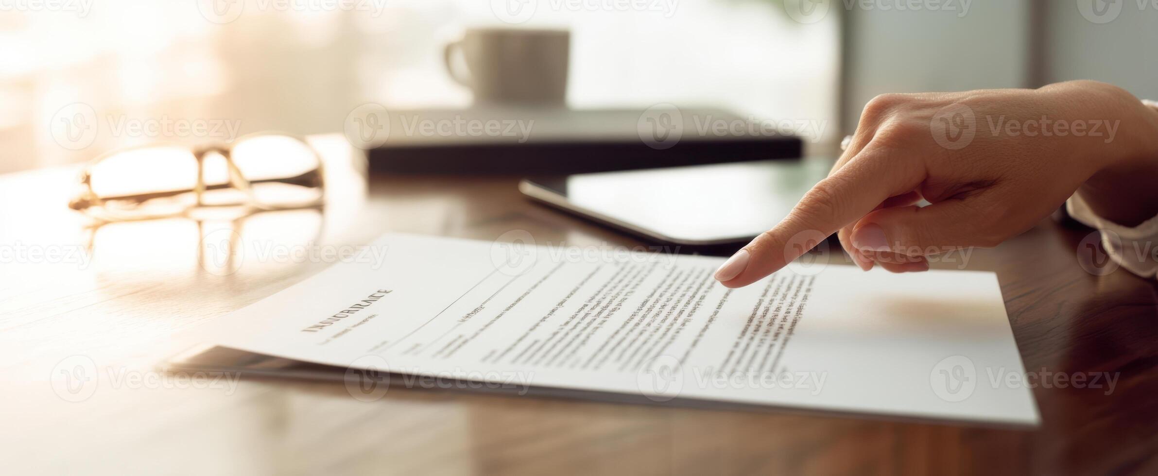 The document being reviewed by a focused professional in a modern workspace. photo