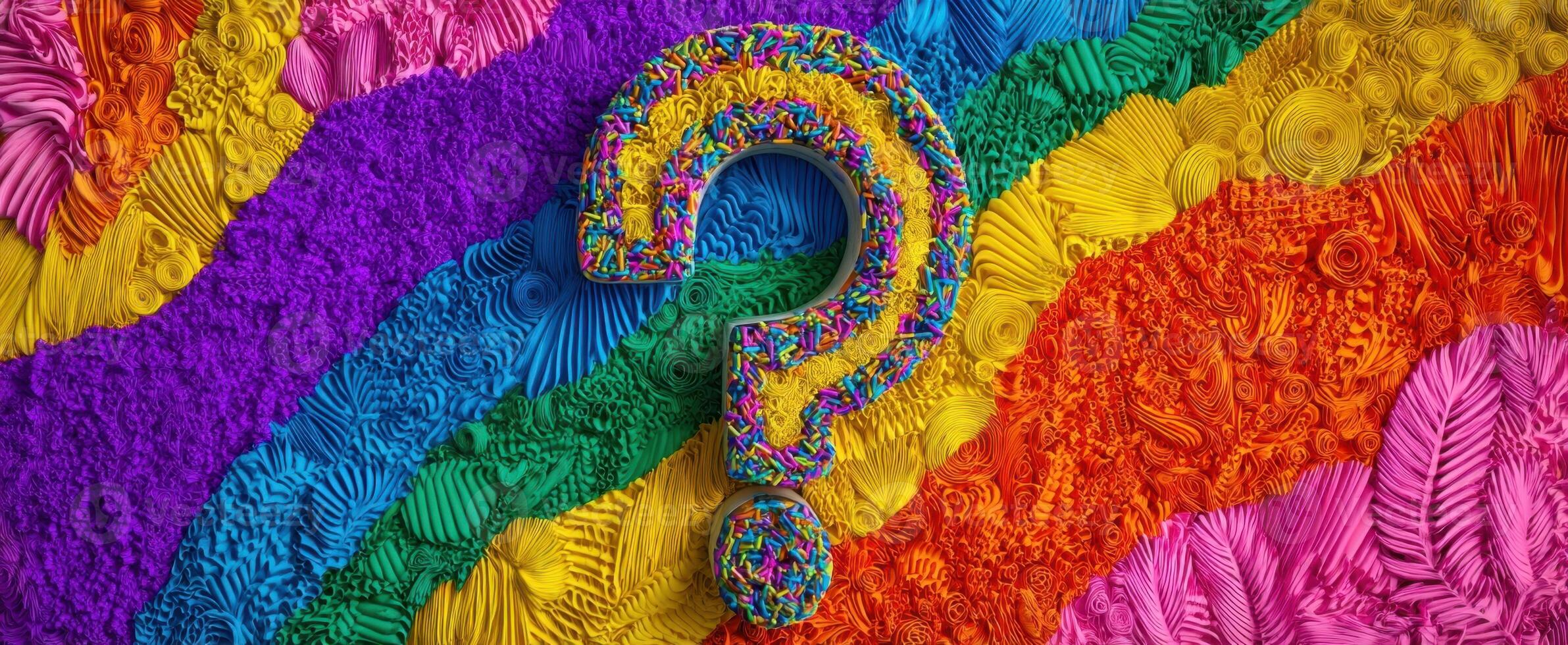 The Colorful Question Mark Surrounded by Vibrant Patterns and Textures. photo