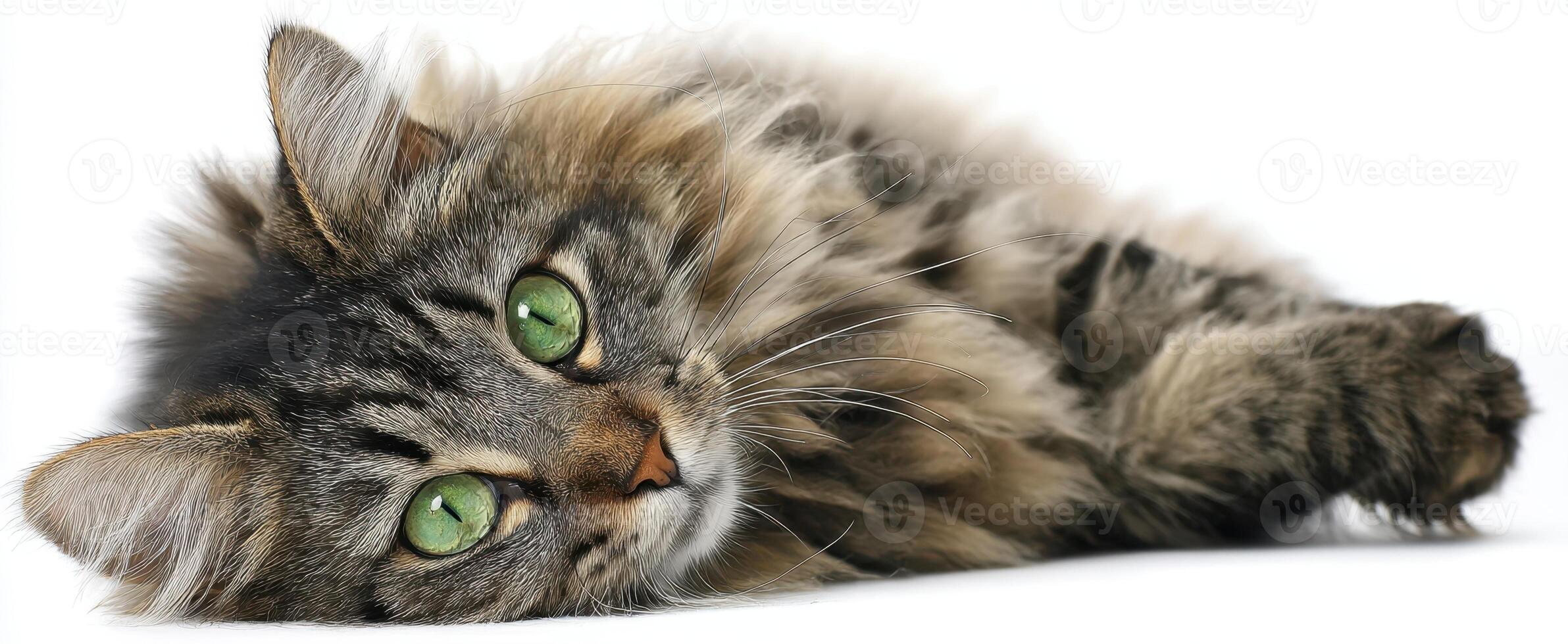The fluffy cat with striking green eyes relaxing peacefully on a surface. photo
