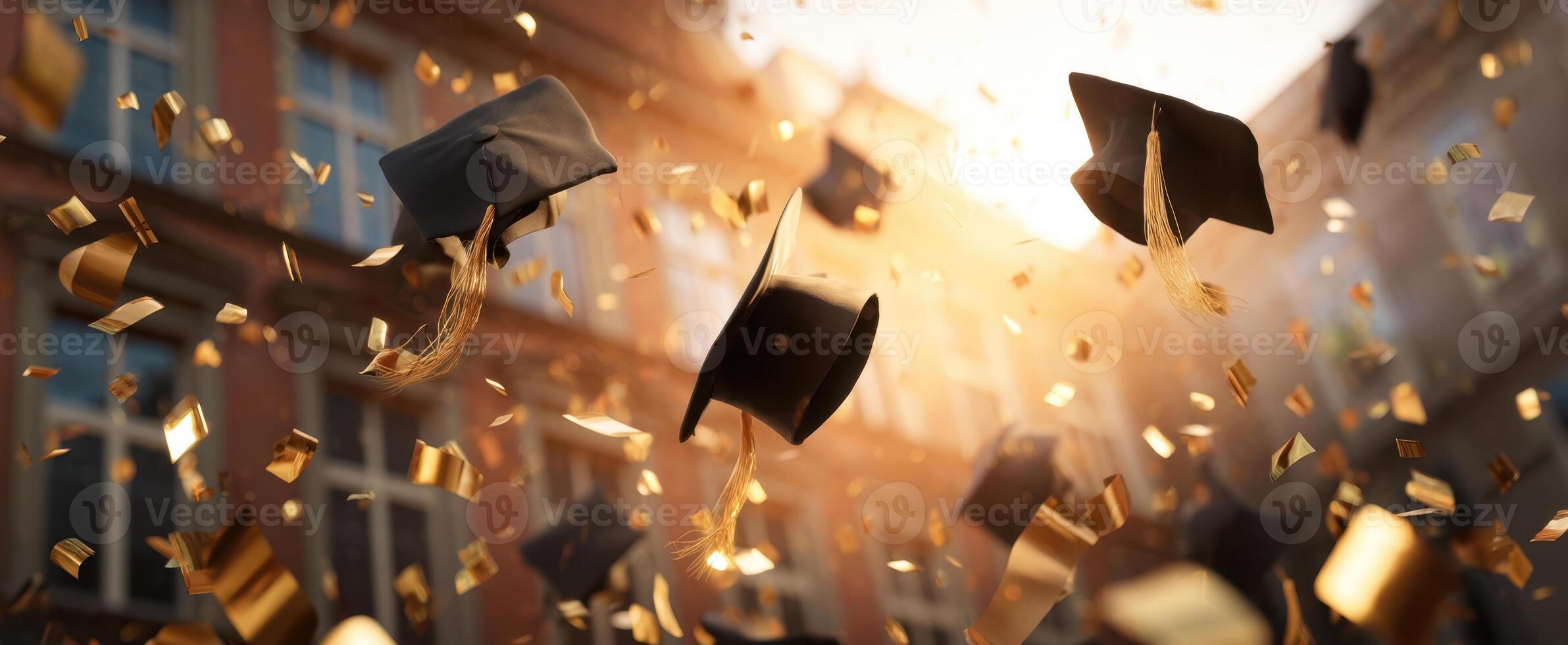 The graduation caps flying in celebration during a joyous outdoor ceremony photo