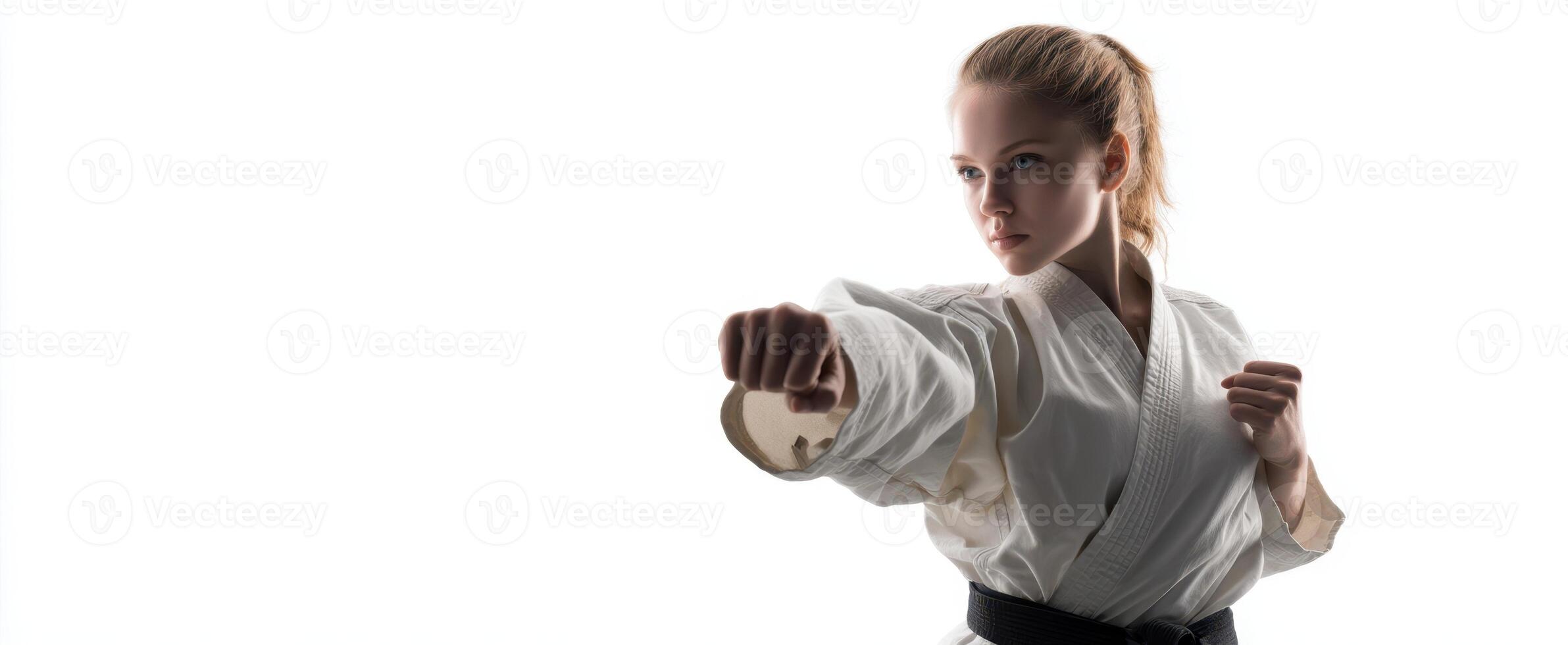 The action-packed karate punch of a focused young martial artist. photo