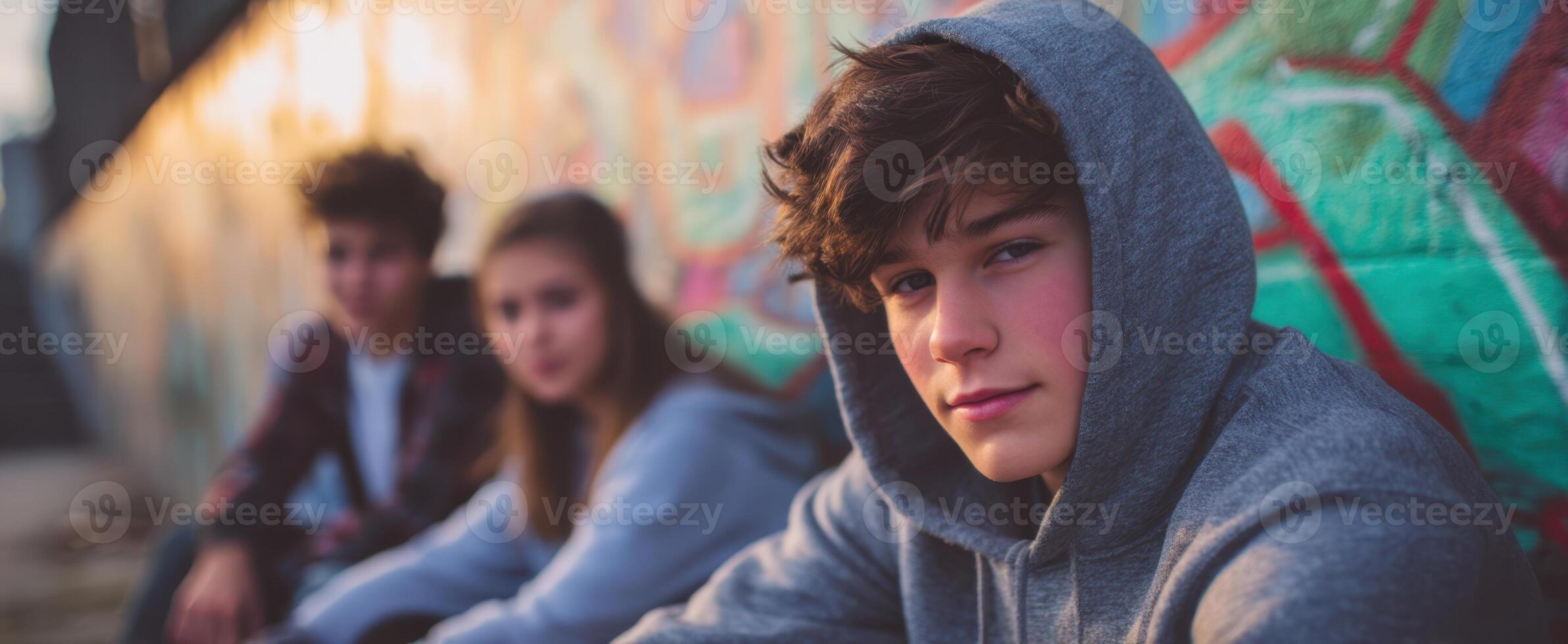 The group of teenagers posing together against a colorful graffiti backdrop. photo