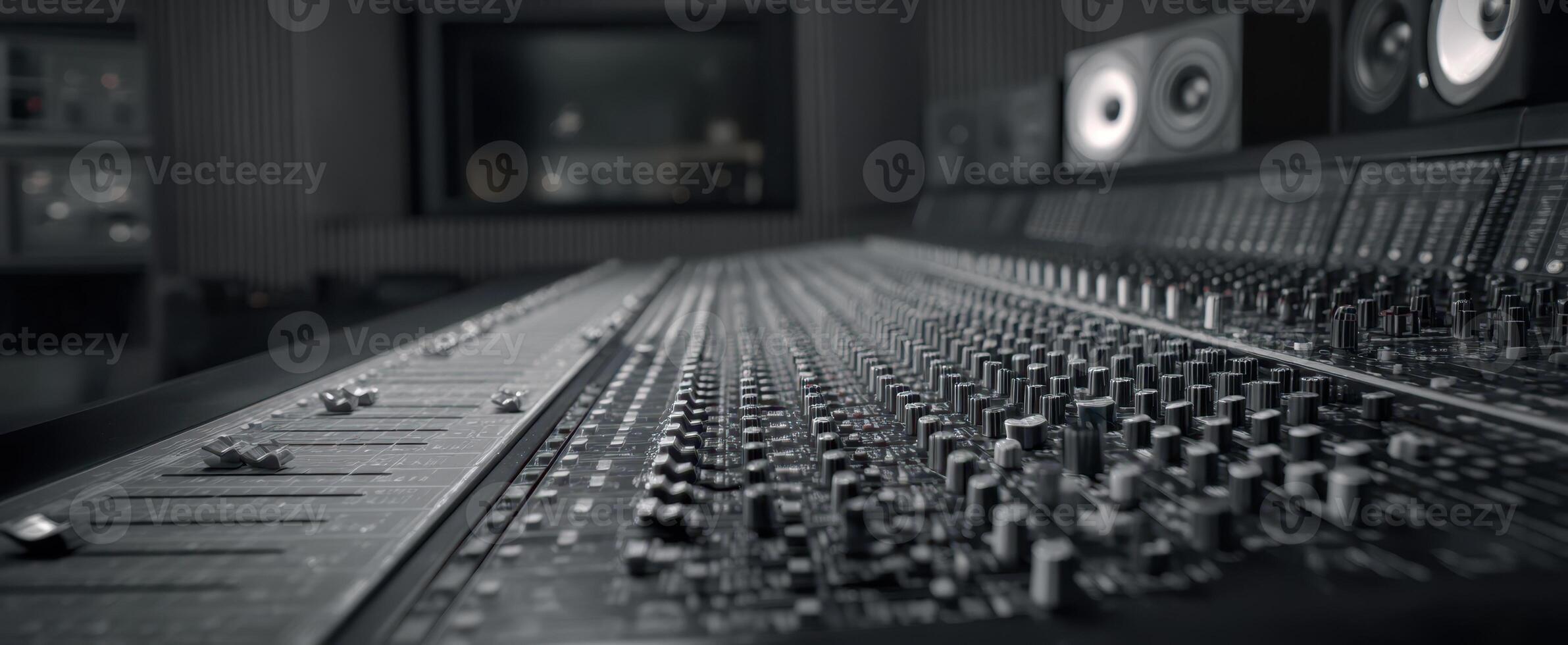 The professional audio mixing console in a modern recording studio environment. photo
