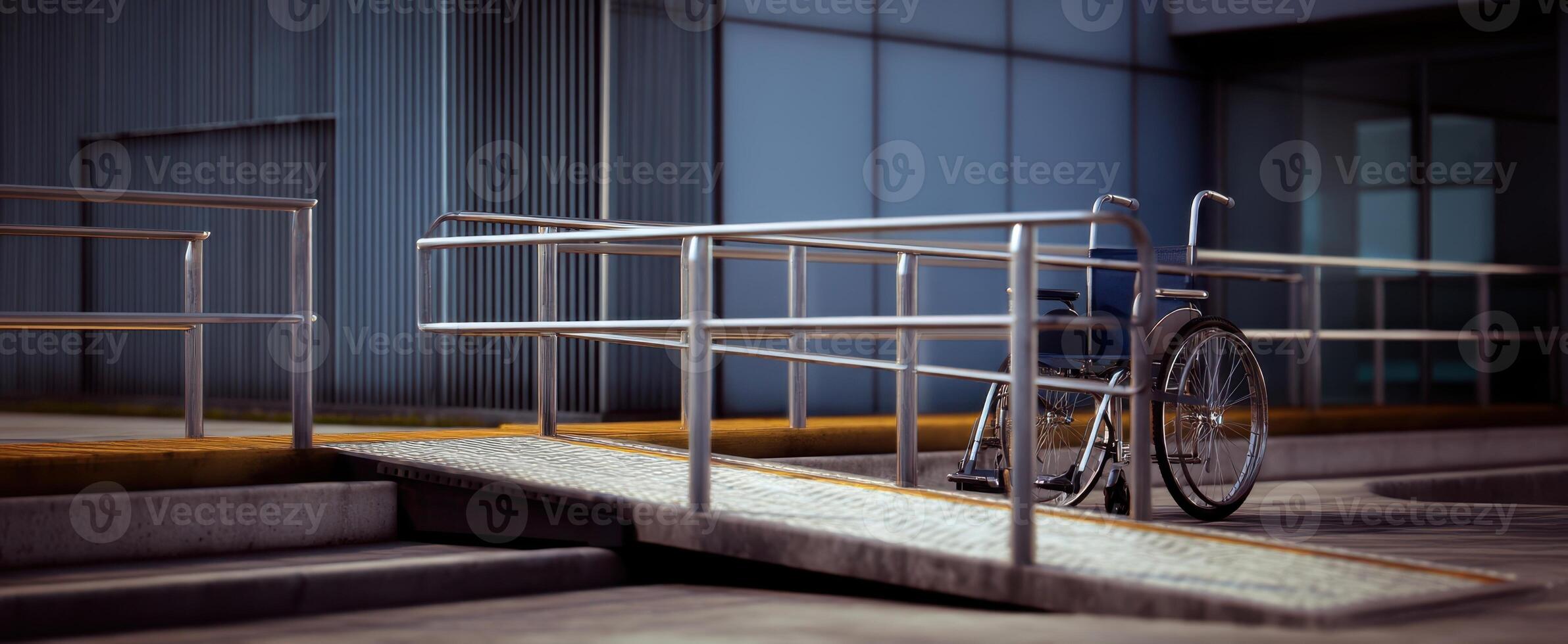 The wheelchair positioned at an accessible ramp in a modern urban environment. photo