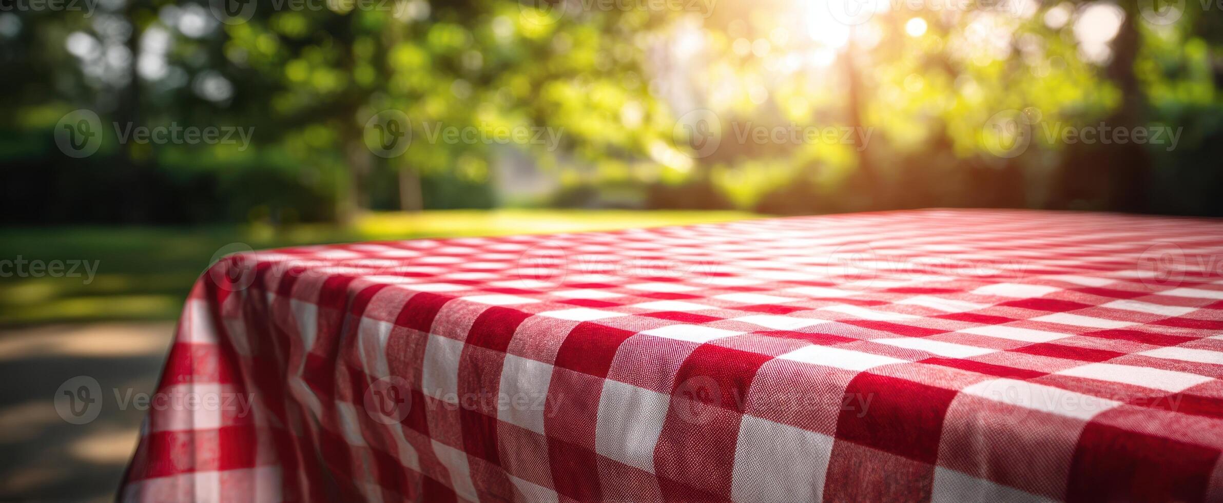 The red checkered tablecloth invitingly set for a sunny picnic. photo