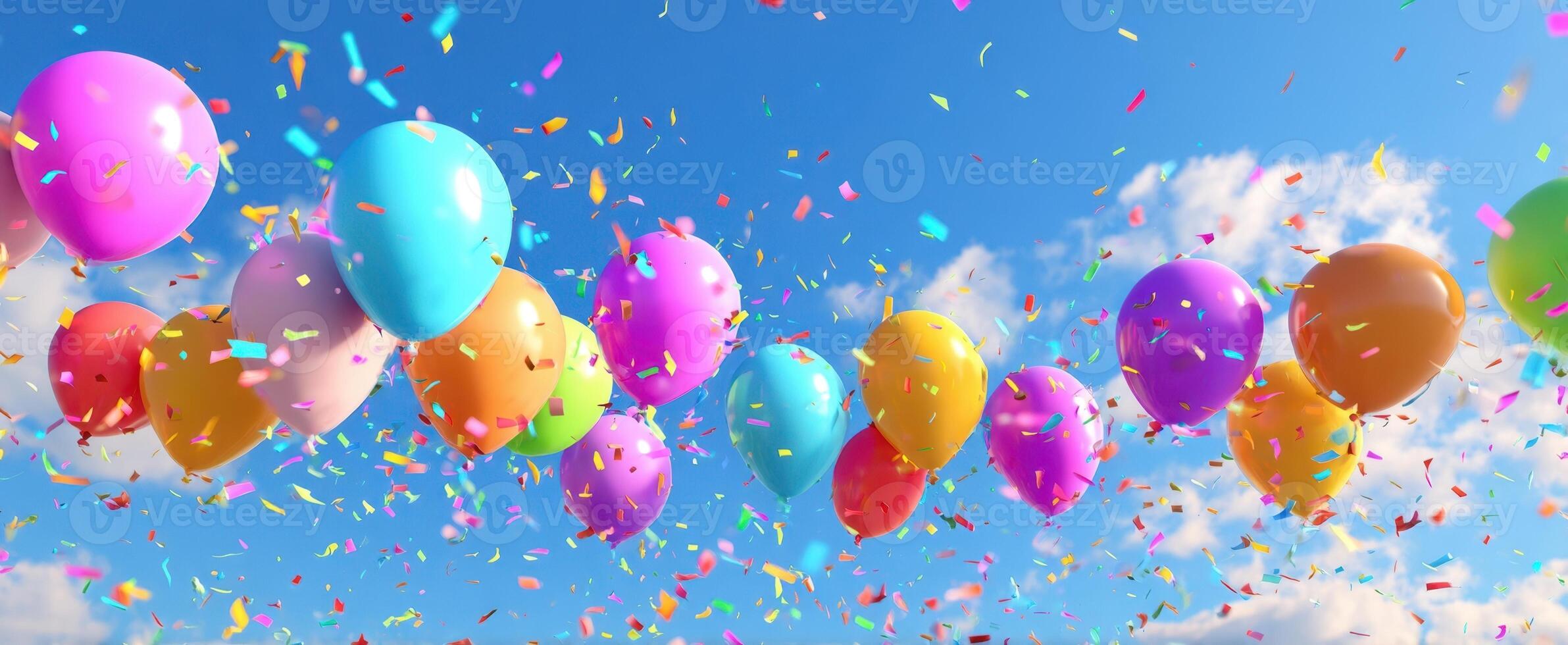 The vibrant balloons floating joyfully against a bright blue sky with confetti. photo