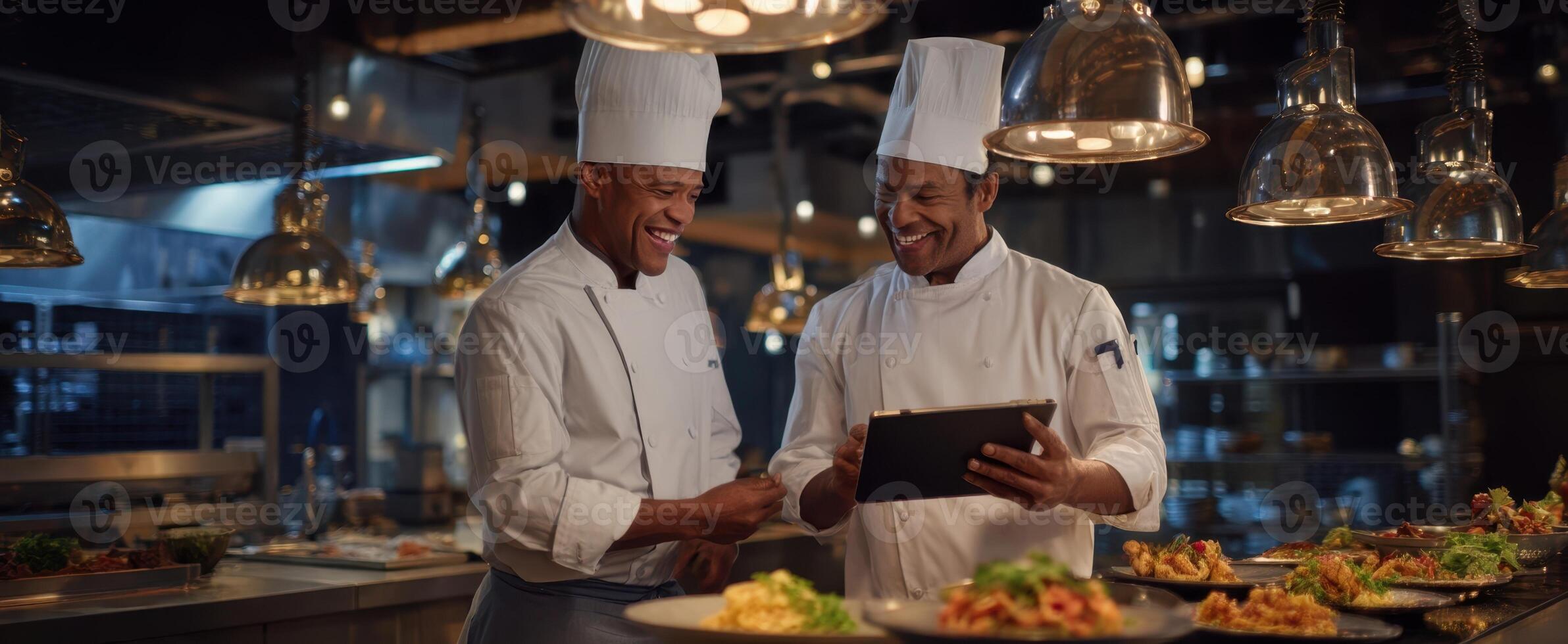 The chefs collaborating in a modern kitchen with vibrant dishes and technology. photo