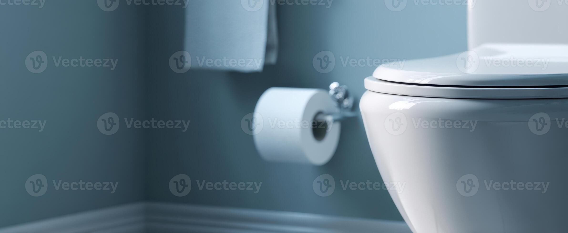 The modern toilet with elegant soft blue bathroom design. photo