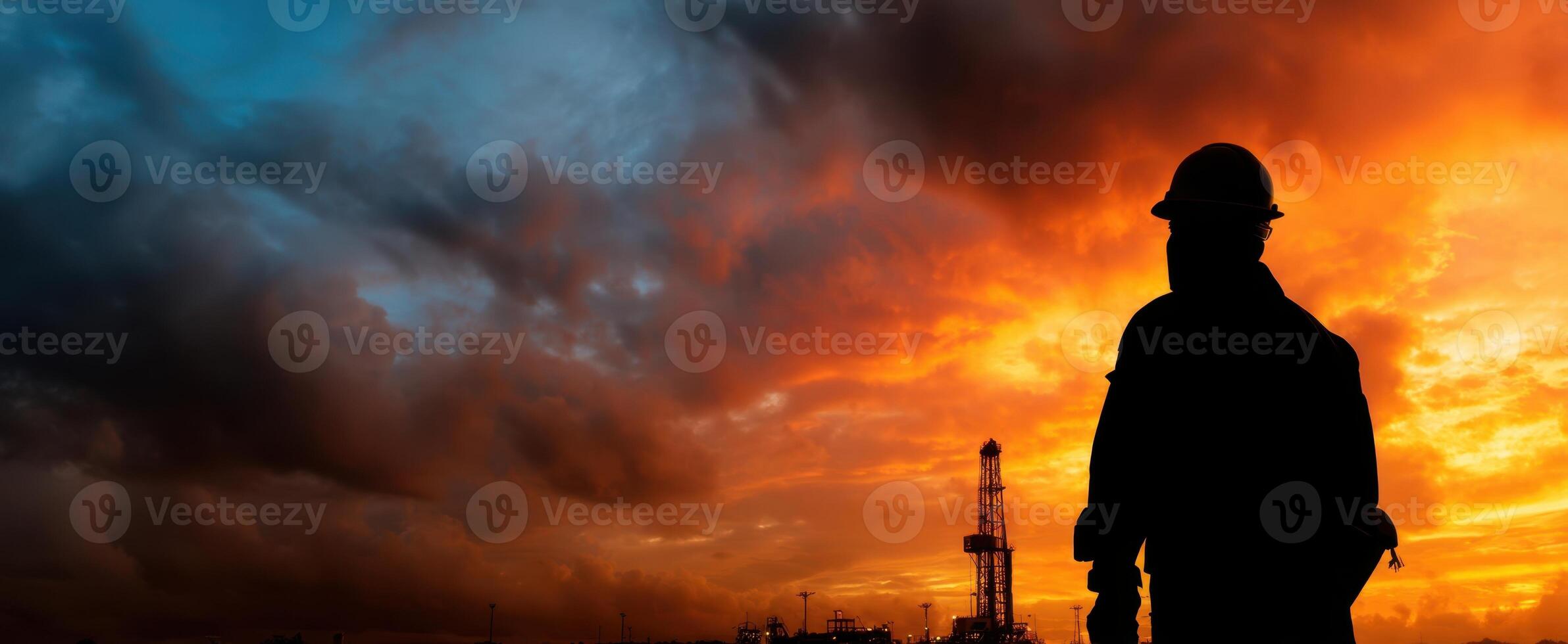 The silhouette of a worker against a vibrant sunset at an oil drilling site. photo