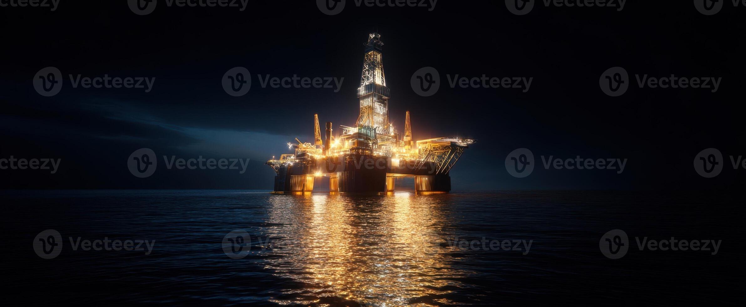 The illuminated oil rig standing majestically on the calm ocean at night. photo