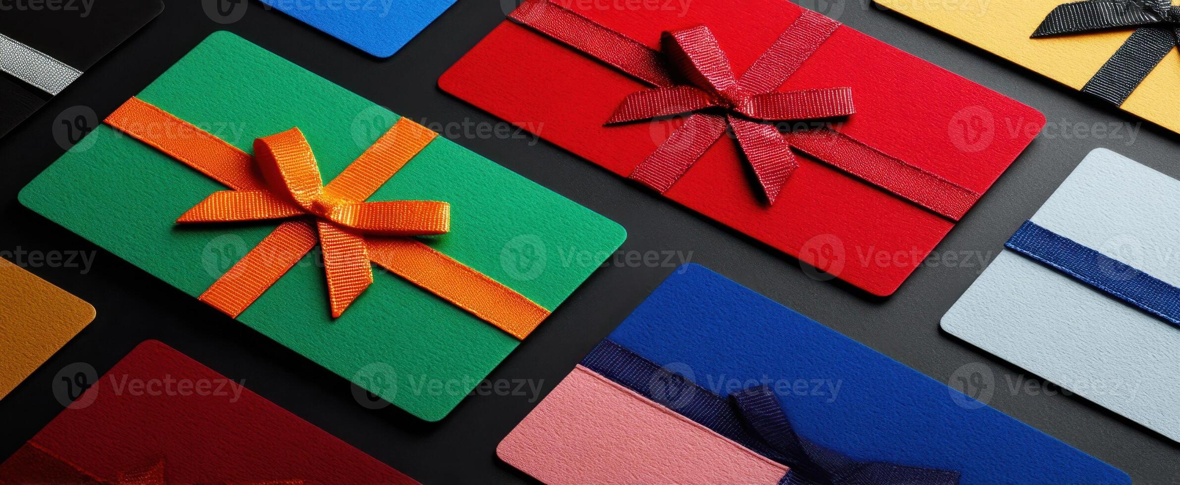 The vibrant display of assorted gift cards with decorative bows. photo