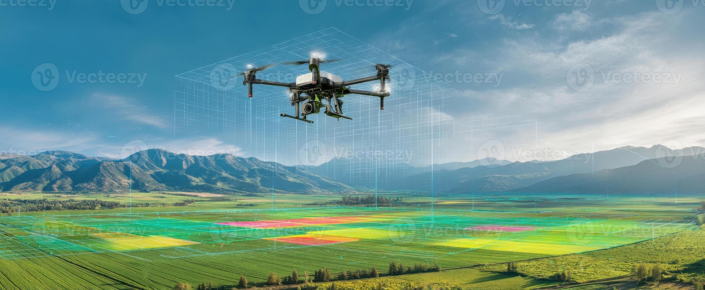 The drone flying over vibrant agricultural fields for data analysis and monitoring. photo