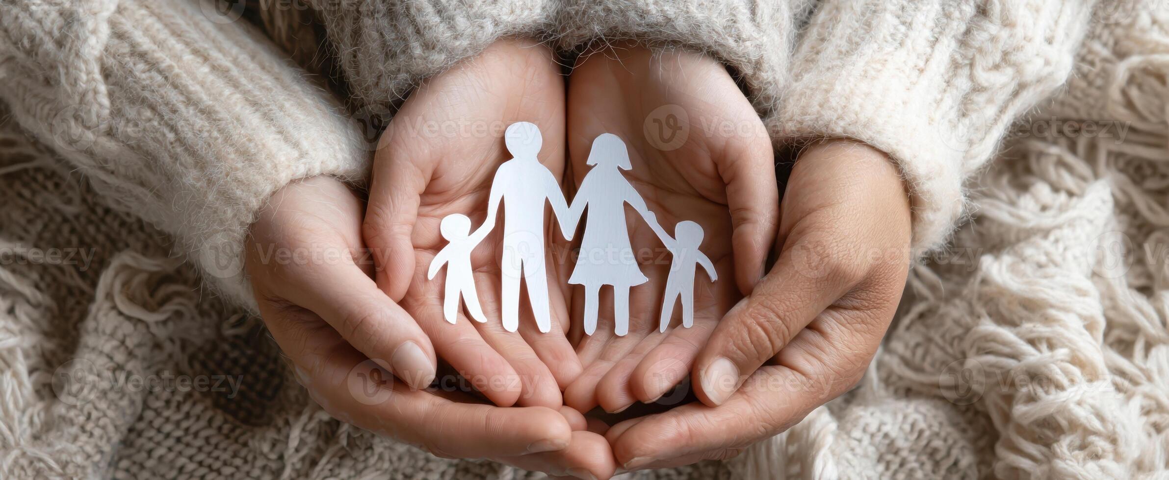 The hands holding paper cutouts of a loving family symbolizing unity and support. photo