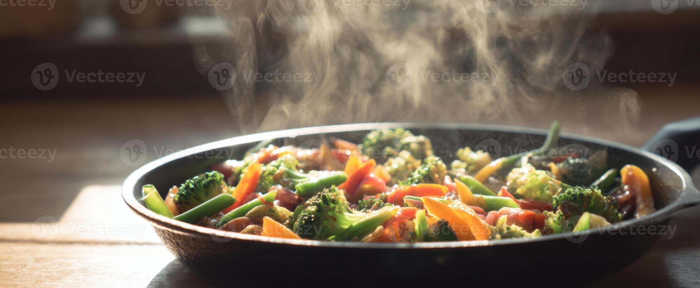 The vibrant fresh vegetables steaming in a sizzling frying pan. photo
