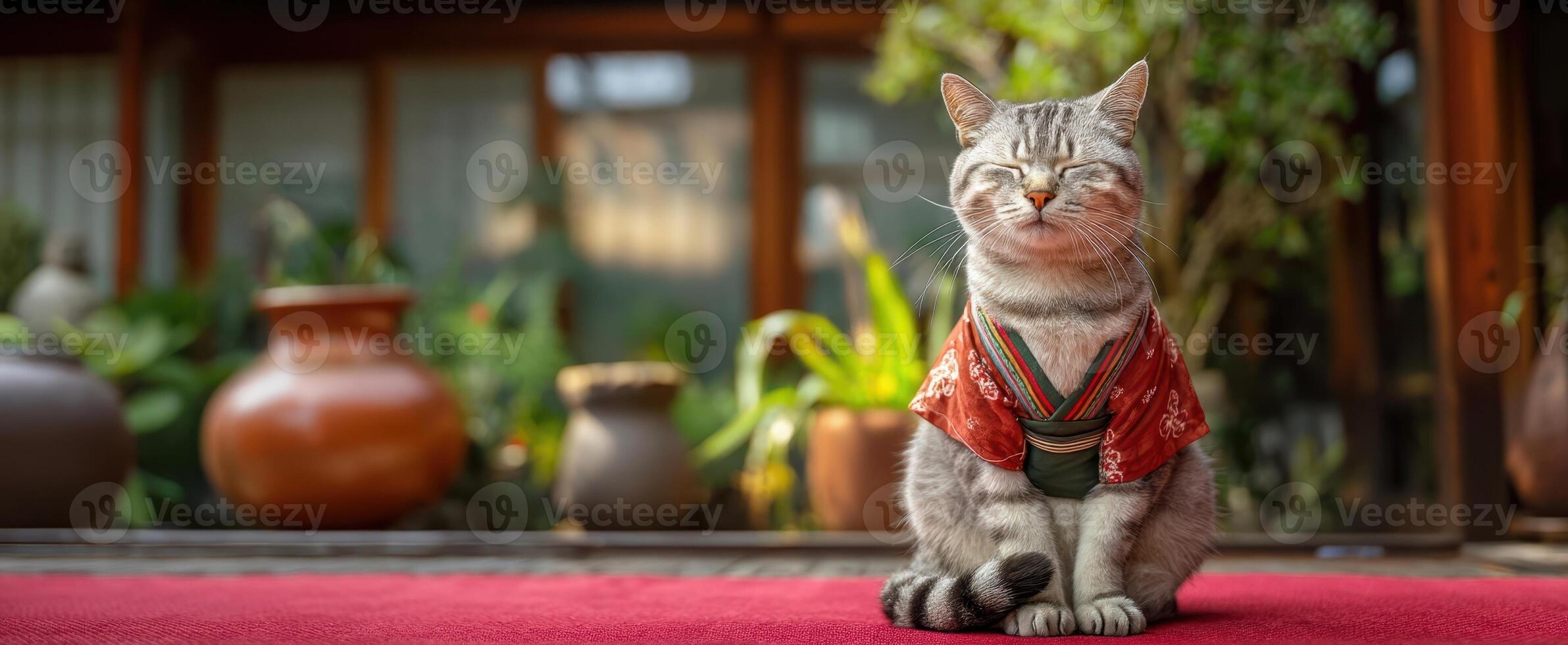 The charming cat dressed in traditional attire sitting gracefully in a cozy setting. photo