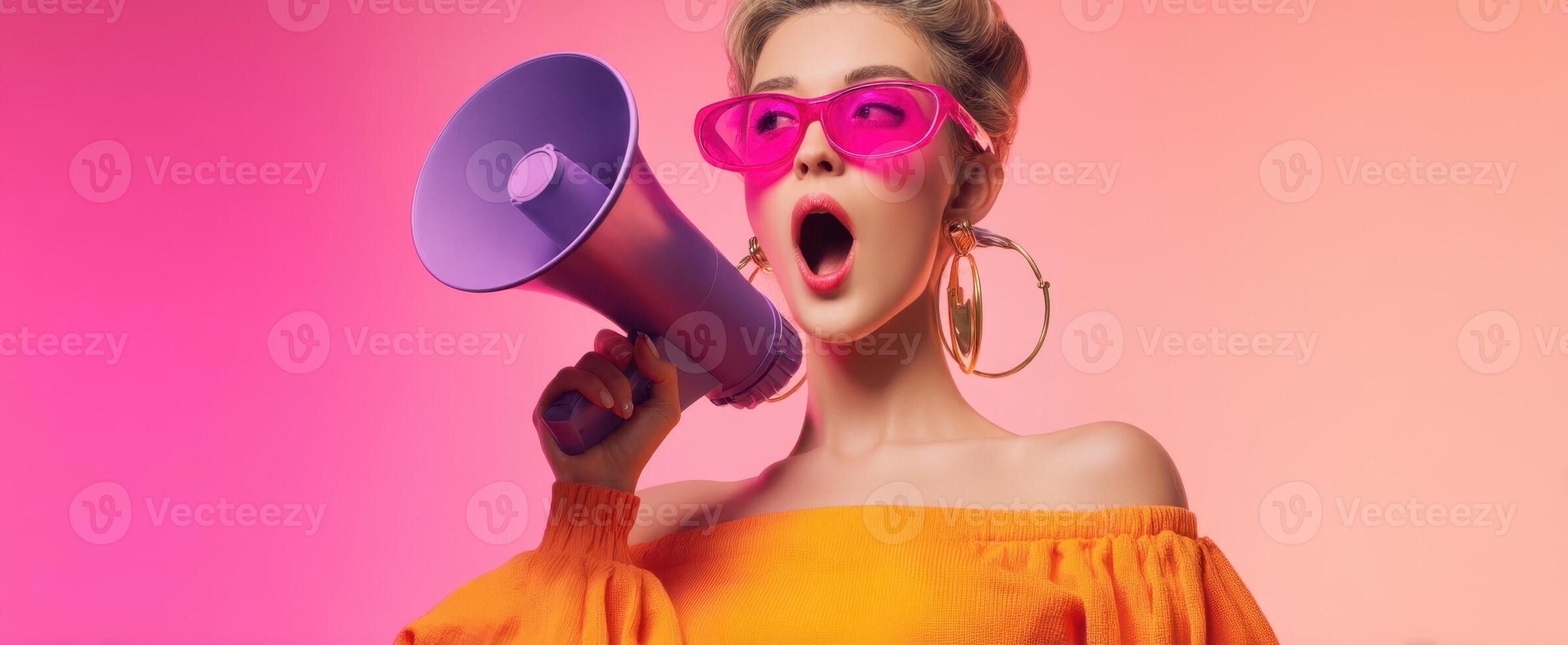 The bold woman with a megaphone exuding vibrant energy and style. photo